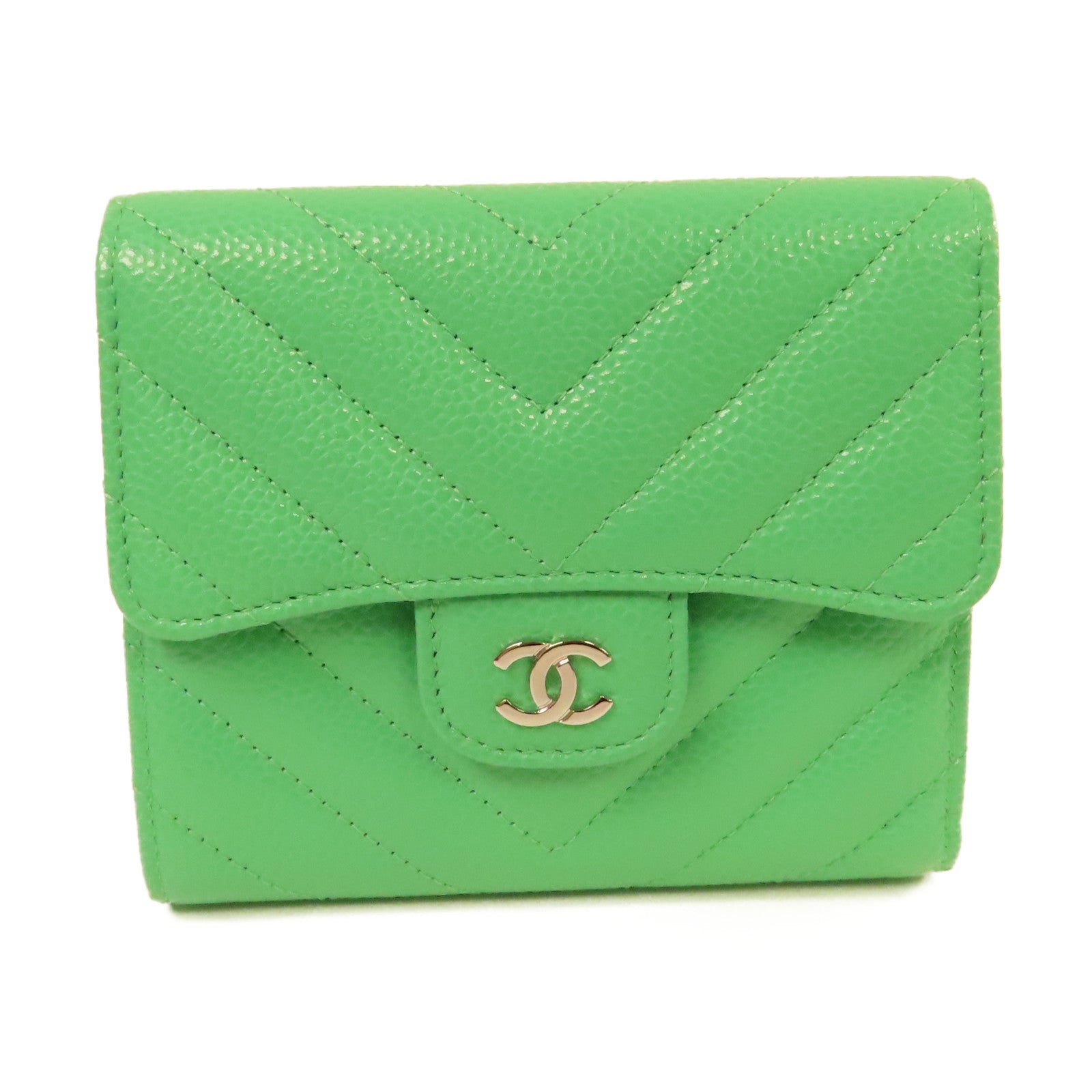 CHANEL 斜紋Caviar皮革Fold Wallet銀扣短錢包綠色