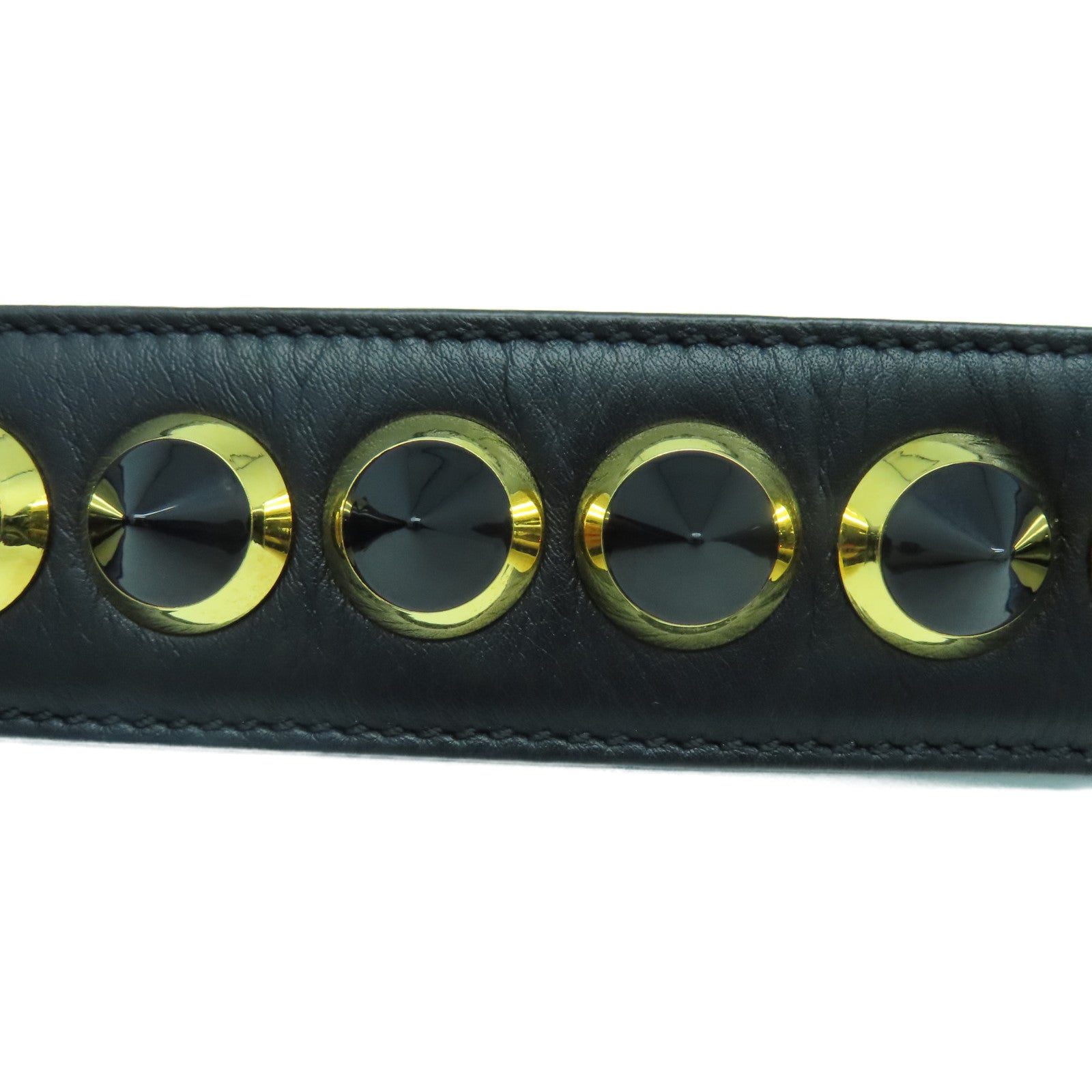 FENDI Cowhide Leather Studded Strap Gold Buckle Charm Black