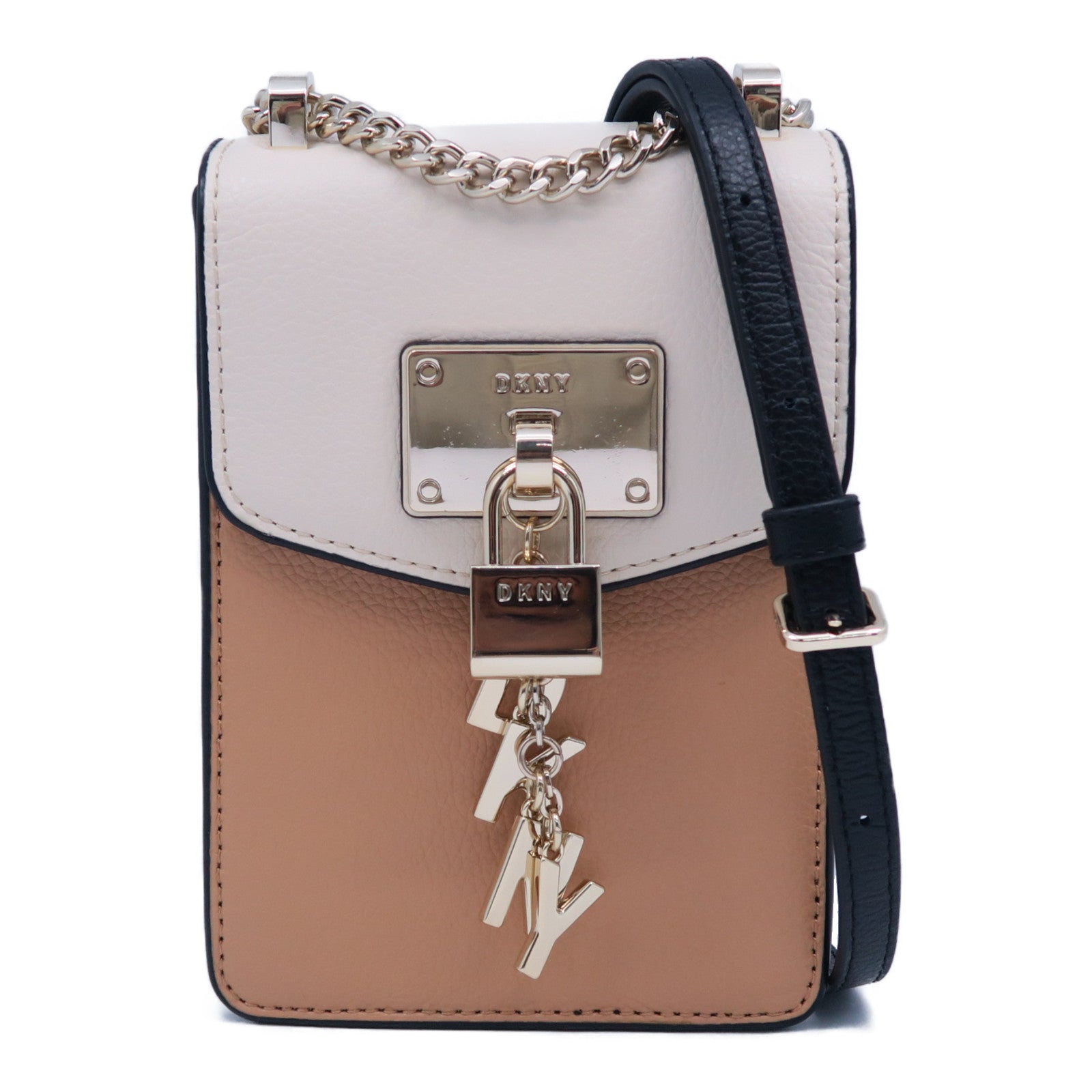 DKNY 牛皮皮革Shoulder Bag金扣鏈帶肩背袋米色/啡色/黑色