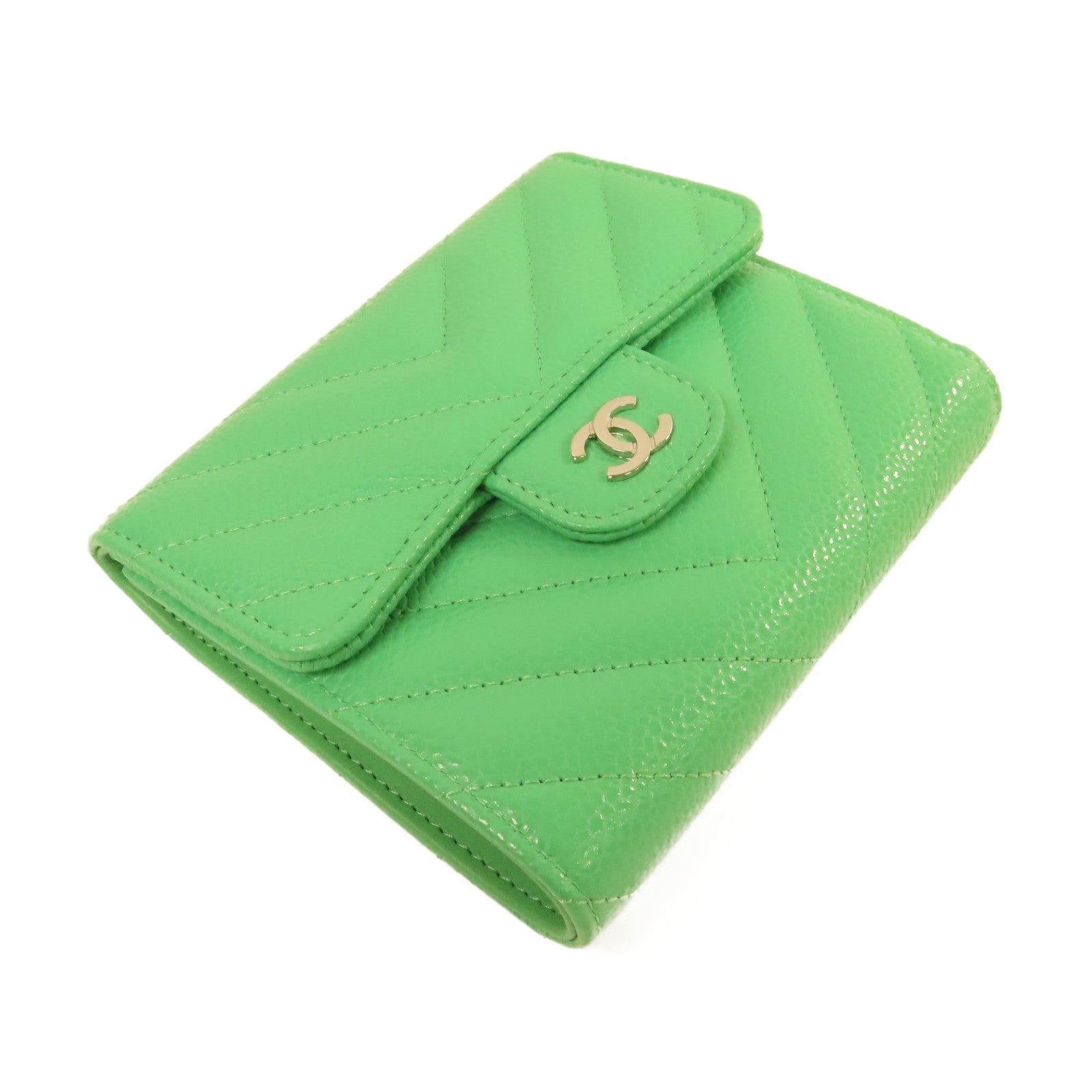 CHANEL 斜紋Caviar皮革Fold Wallet銀扣短錢包綠色