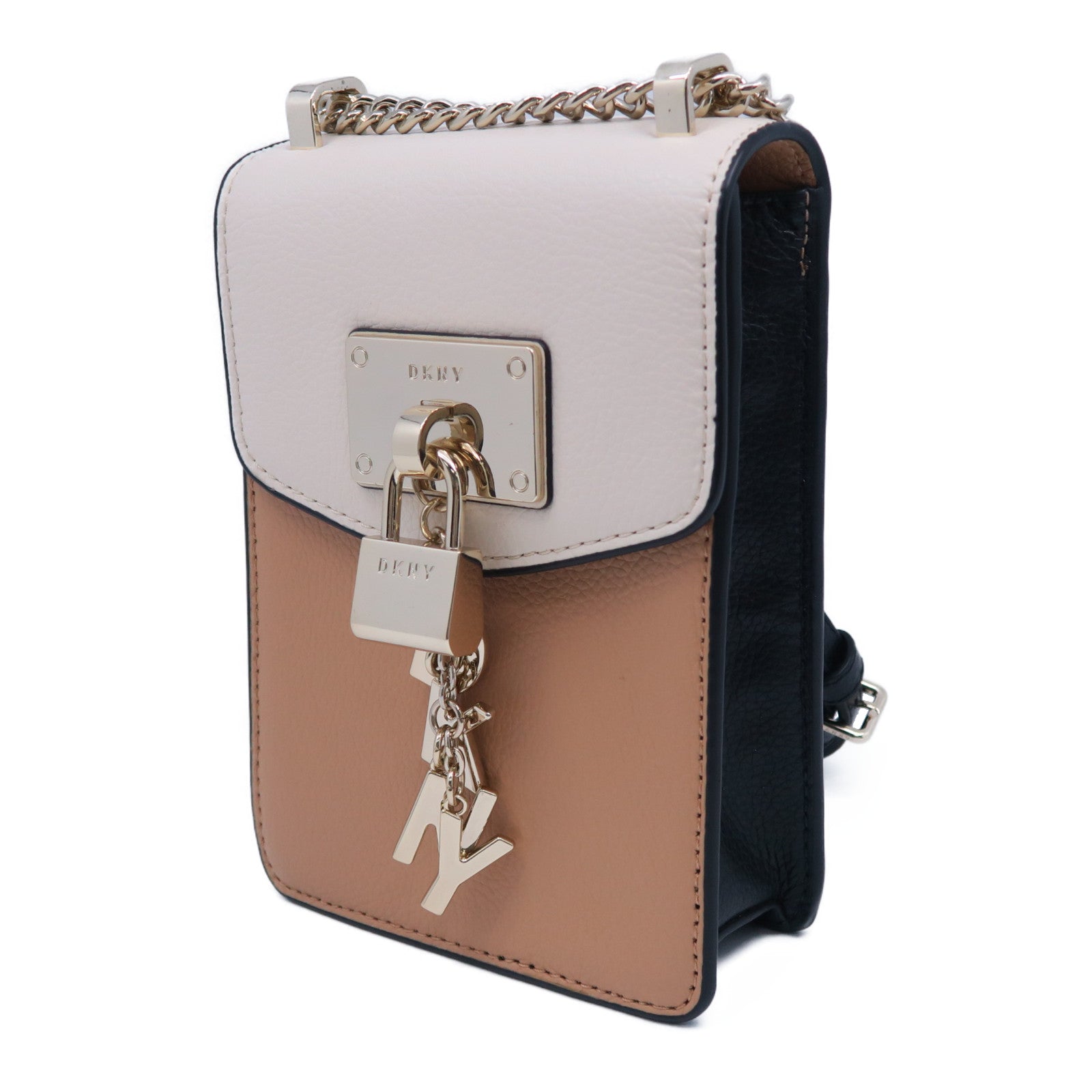 DKNY 牛皮皮革Shoulder Bag金扣鏈帶肩背袋米色/啡色/黑色