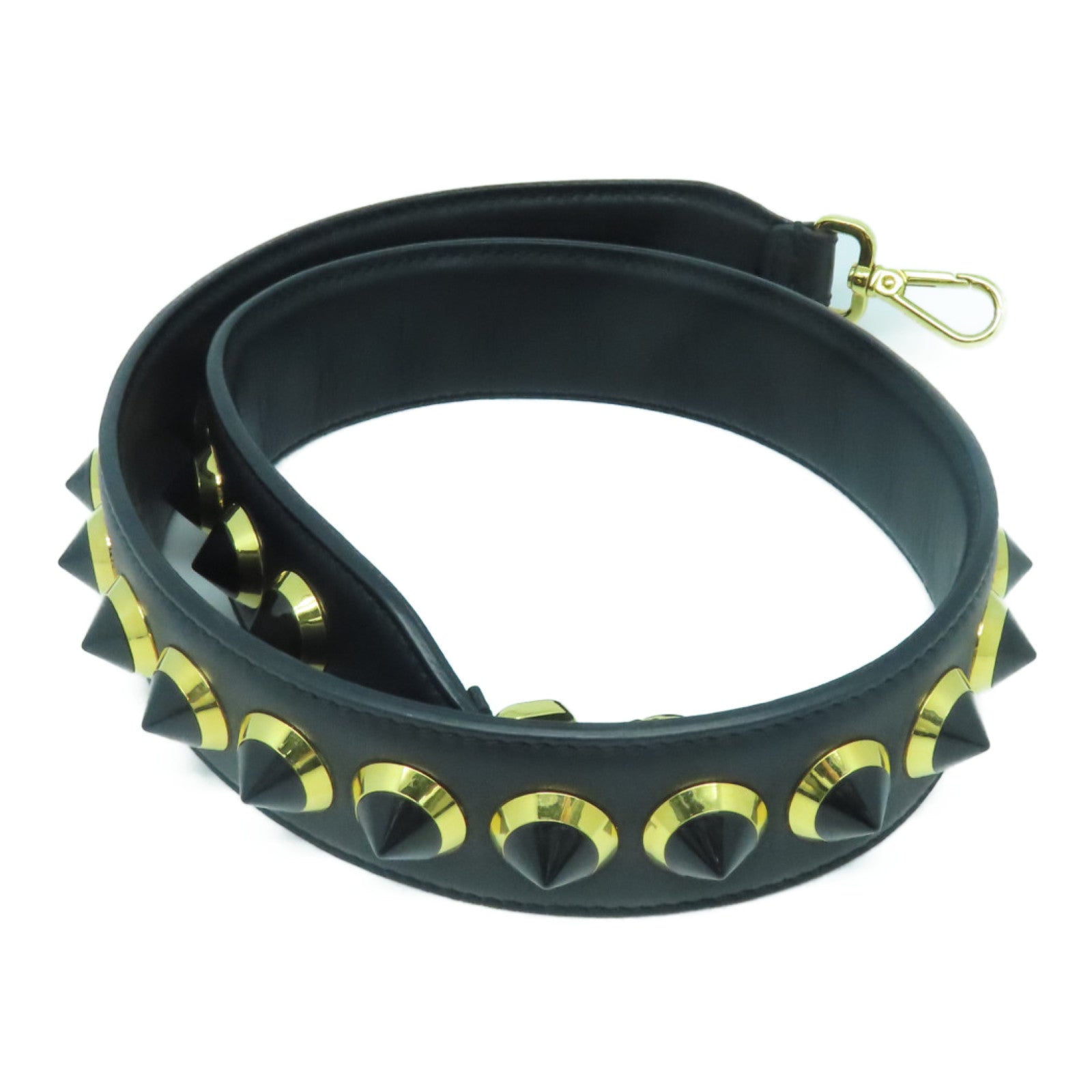 FENDI Cowhide Leather Studded Strap Gold Buckle Charm Black