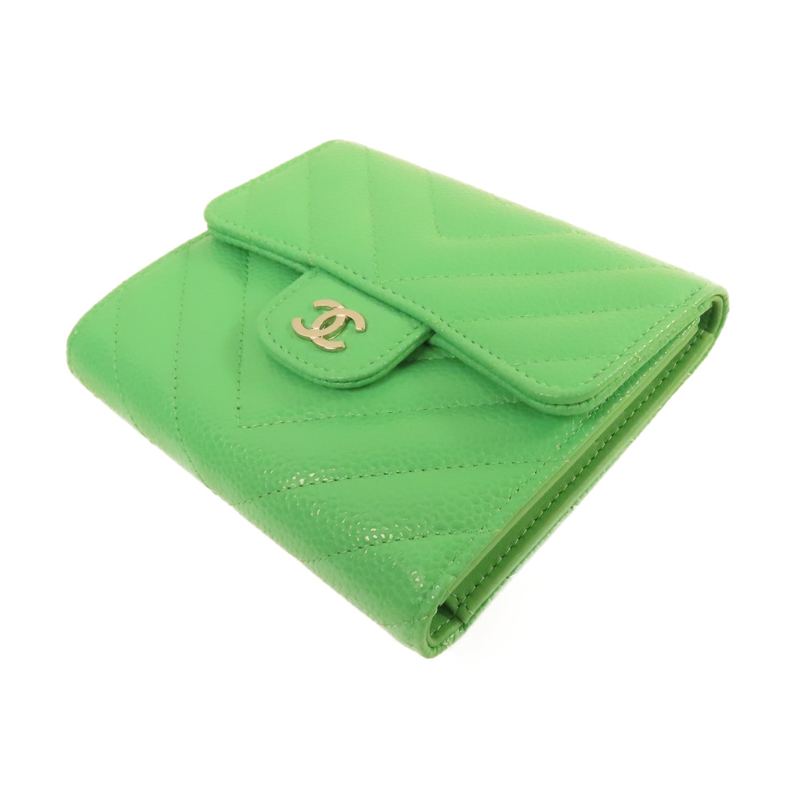 CHANEL 斜紋Caviar皮革Fold Wallet銀扣短錢包綠色