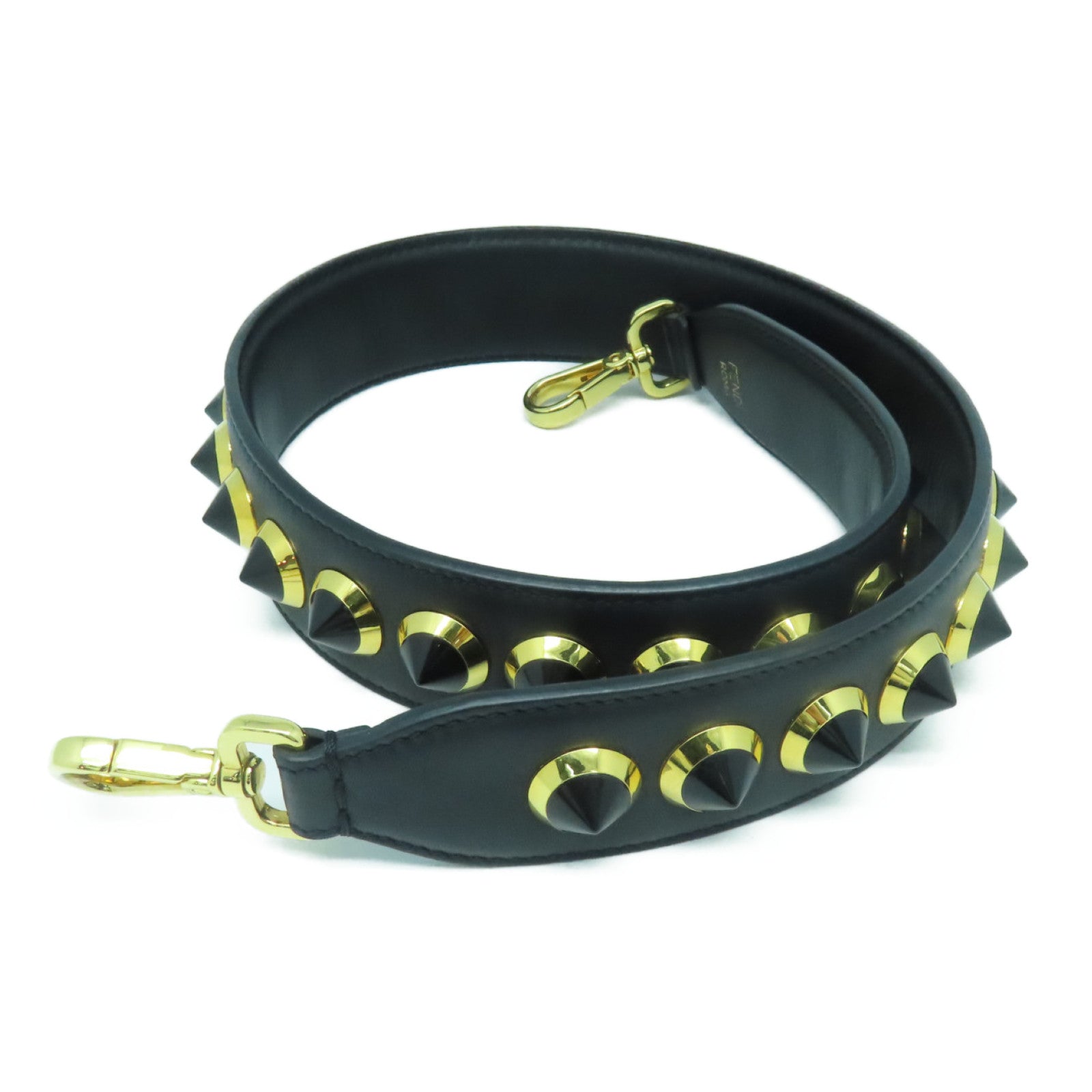 FENDI Cowhide Leather Studded Strap Gold Buckle Charm Black