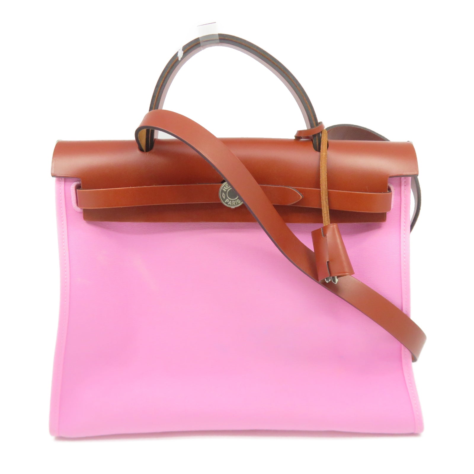 HERMES 【激减优惠】帆布Herbag 31银扣手挽肩背两用袋粉红色/棕色