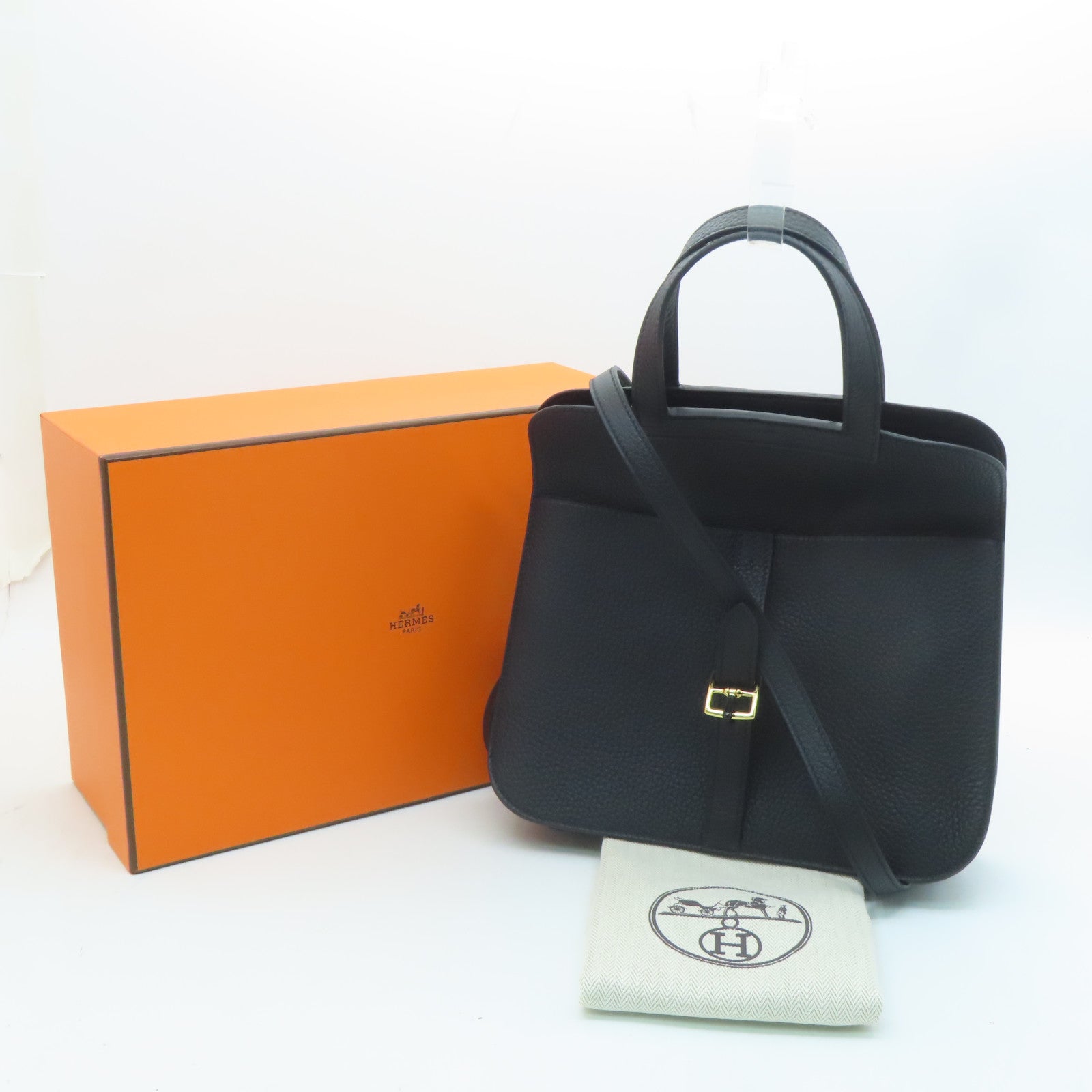 HERMES Clemence Leather Halzan 25 Gold Buckle Handle Shoulder Bag Black
