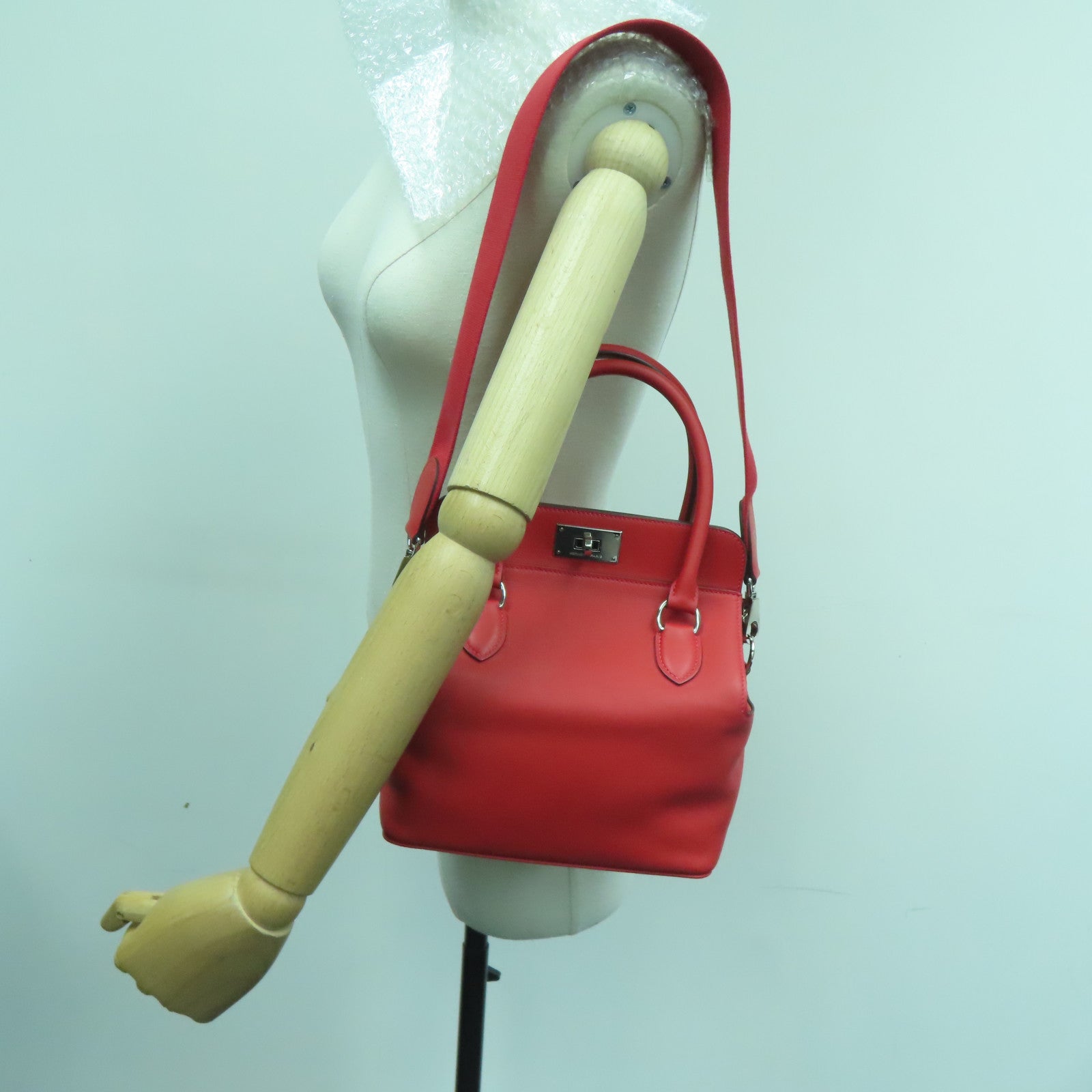 HERMES Swift皮革ToolBox 20銀扣手挽肩背兩用袋Rouge Pivoine/紅色