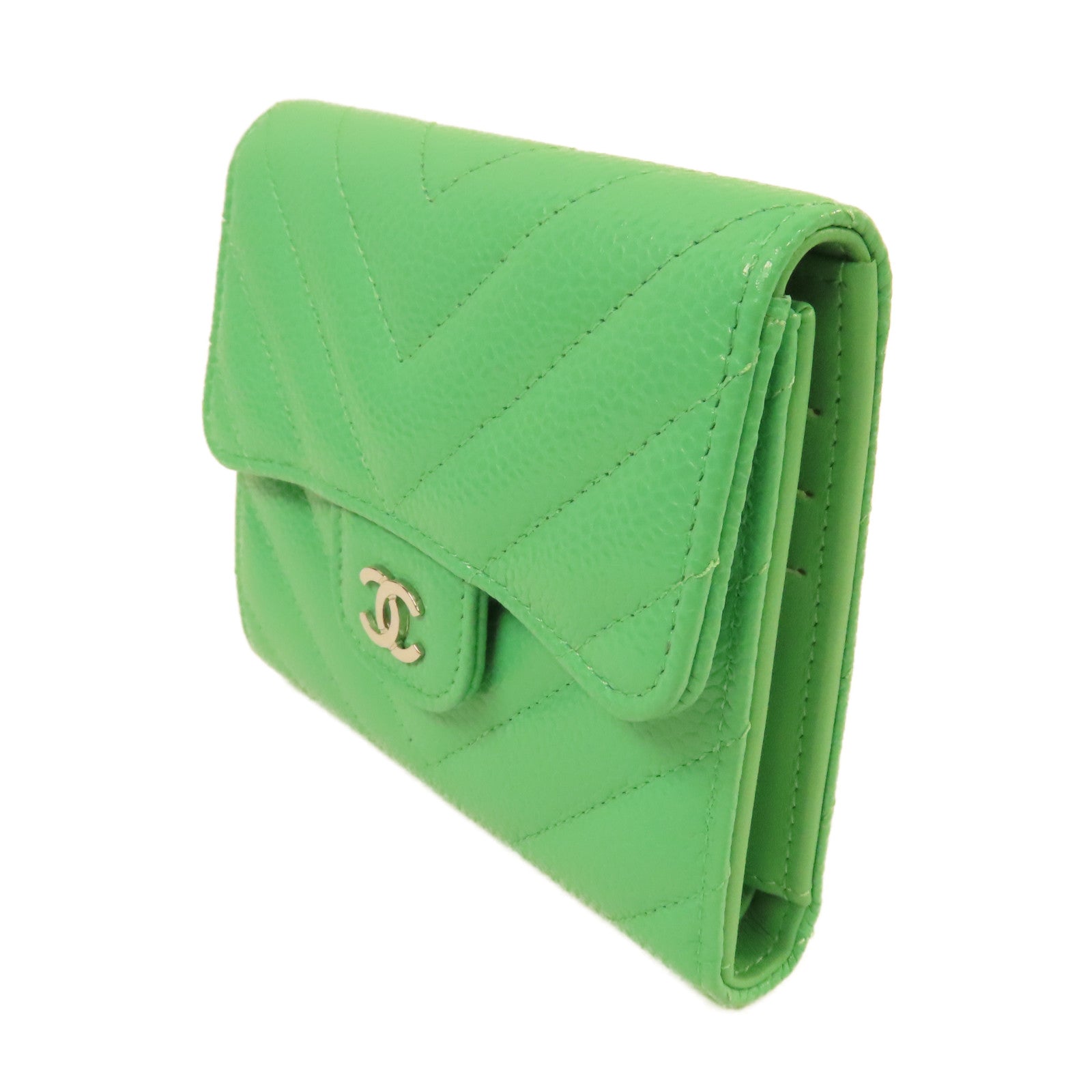CHANEL 斜紋Caviar皮革Fold Wallet銀扣短錢包綠色