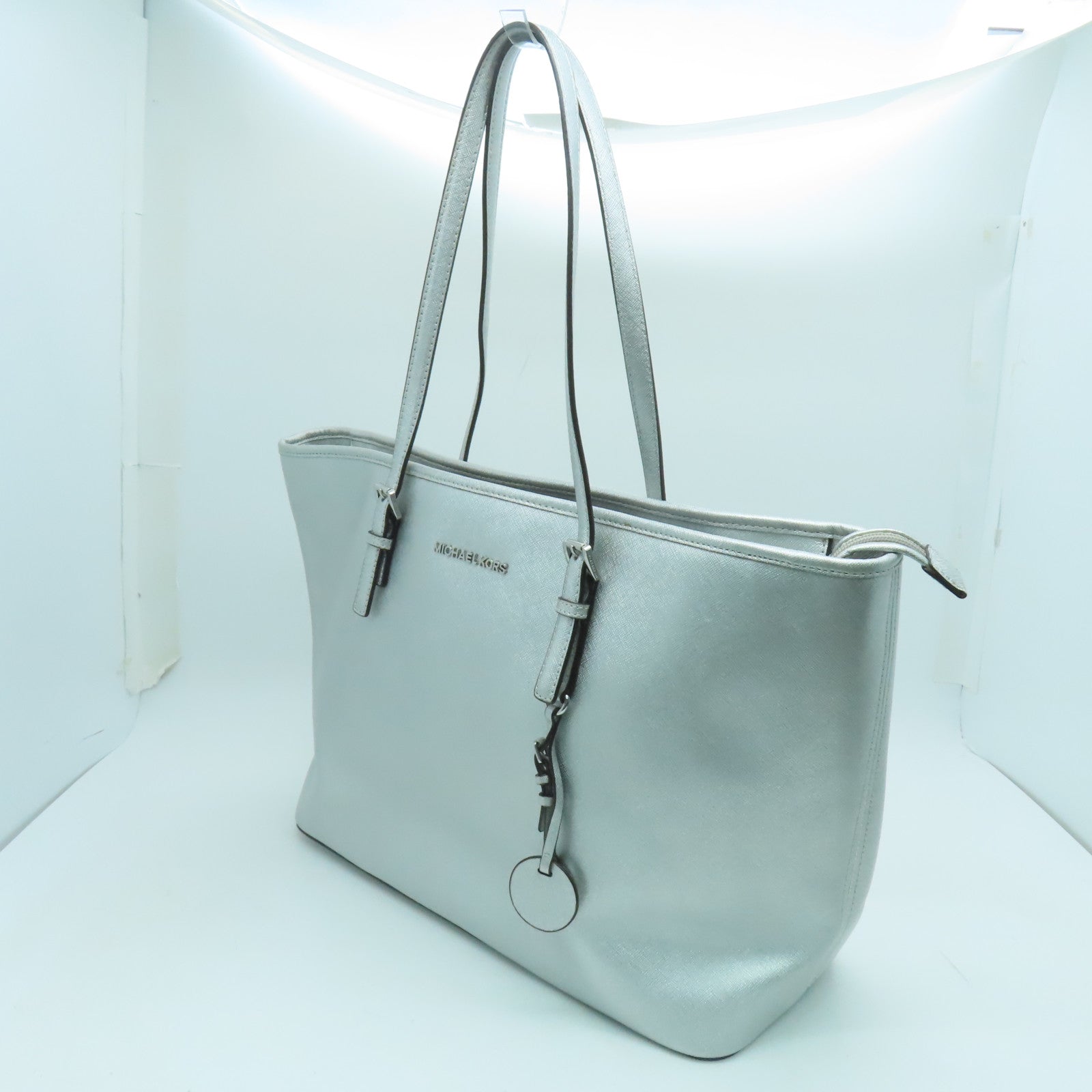 Michael Kors Coated Canvas Tote Bag Silver Button Handle Bag / Shoulder Bag Silver