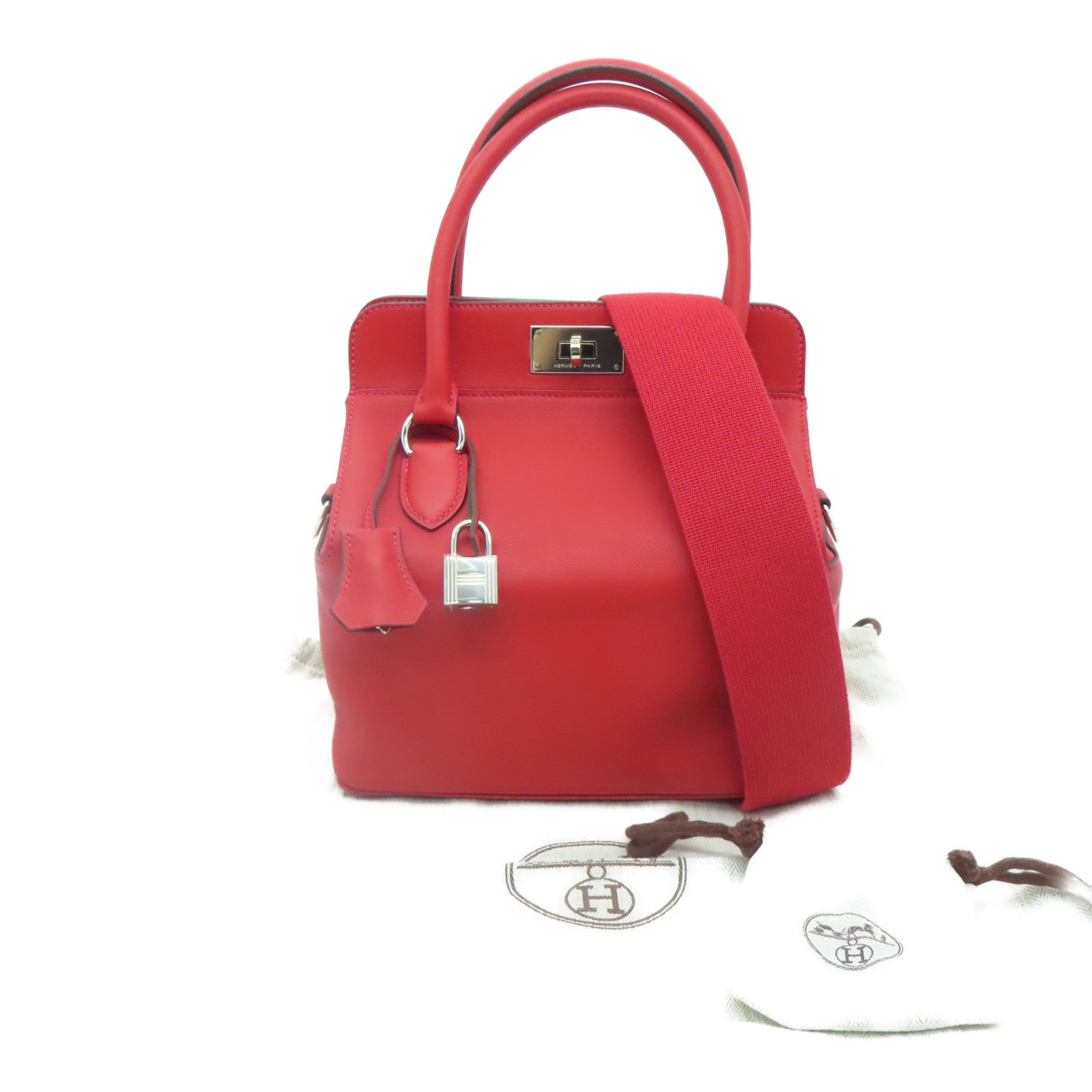 HERMES Swift皮革ToolBox 20銀扣手挽肩背兩用袋Rouge Pivoine/紅色