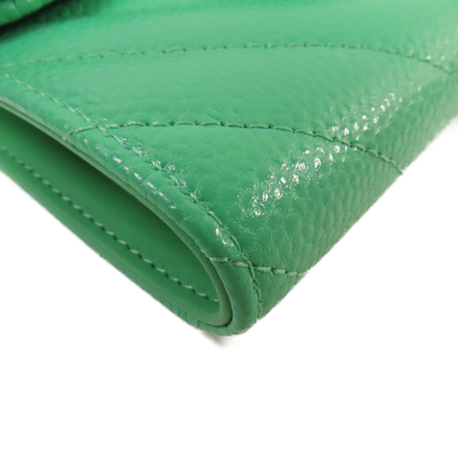 CHANEL 斜紋Caviar皮革Fold Wallet銀扣短錢包綠色