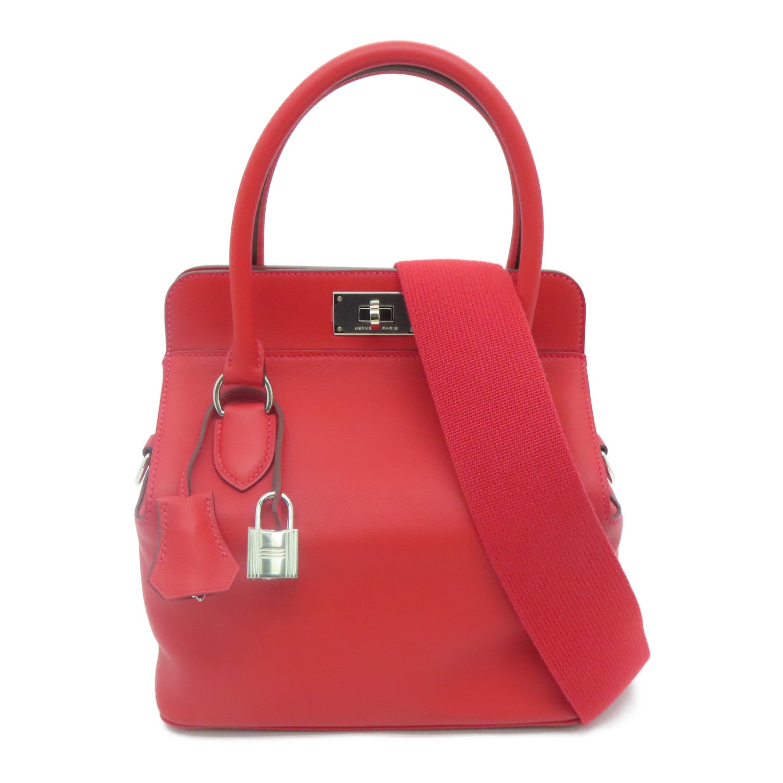 HERMES Swift皮革ToolBox 20銀扣手挽肩背兩用袋Rouge Pivoine/紅色