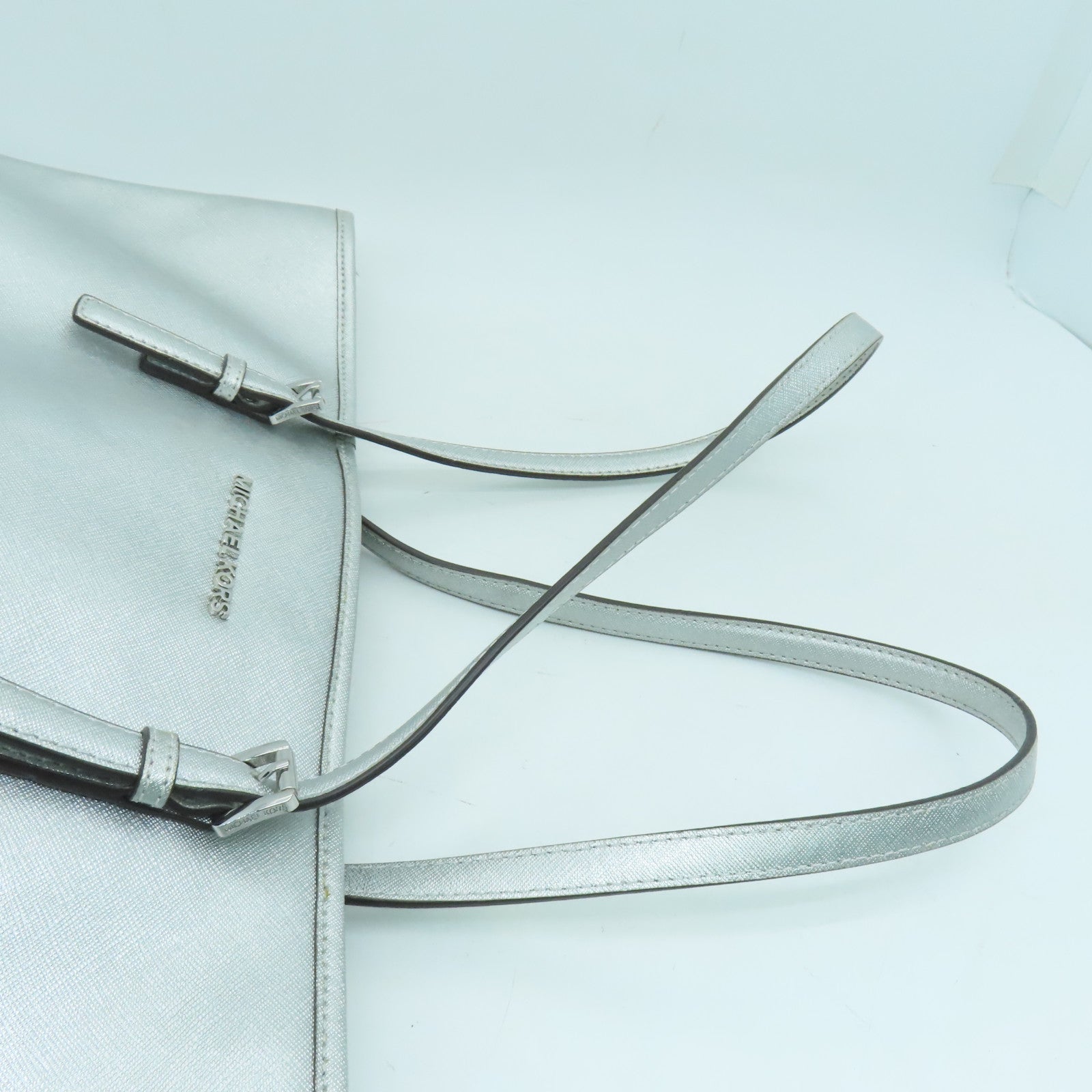Michael Kors Coated Canvas Tote Bag Silver Button Handle Bag / Shoulder Bag Silver
