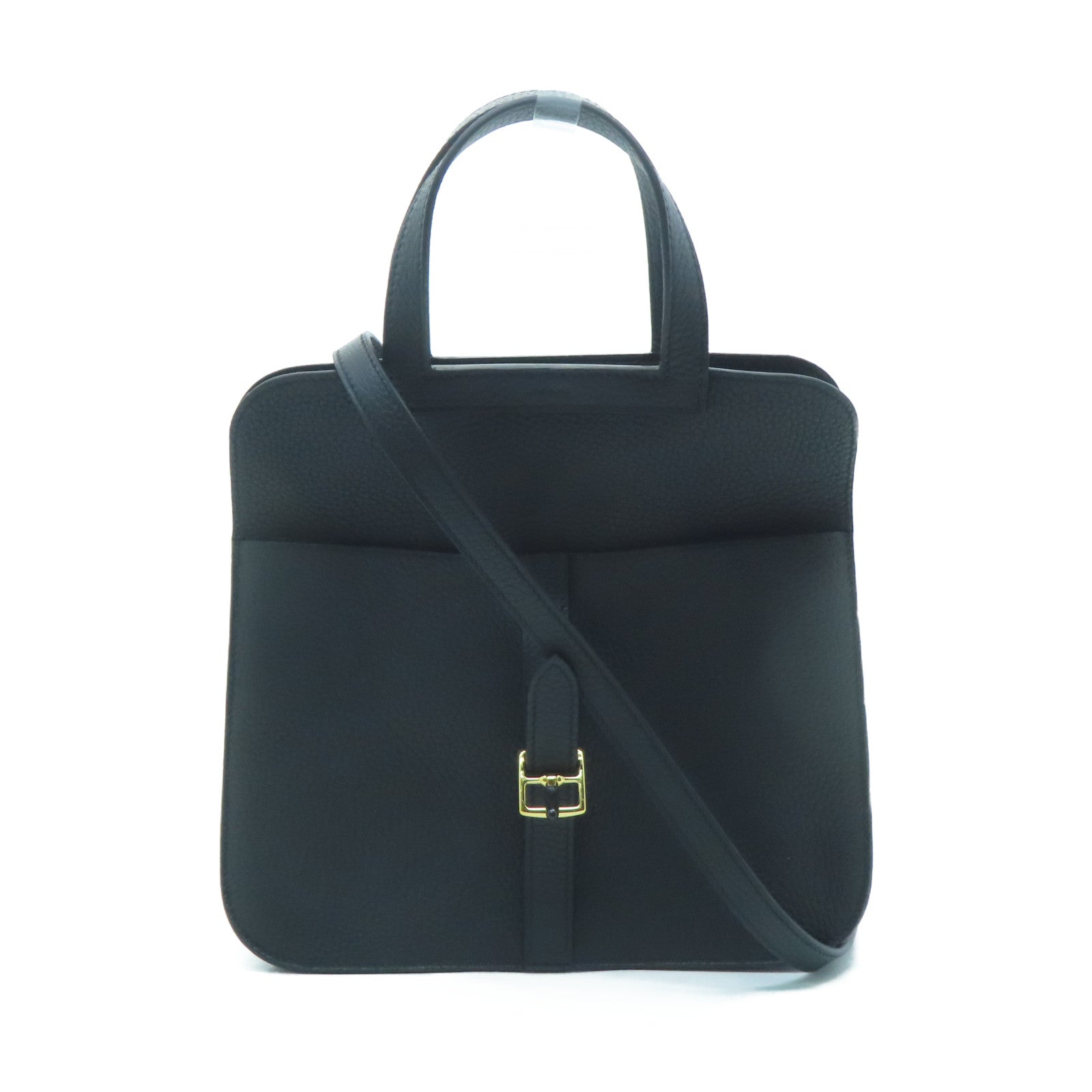 HERMES Clemence Leather Halzan 25 Gold Buckle Handle Shoulder Bag Black