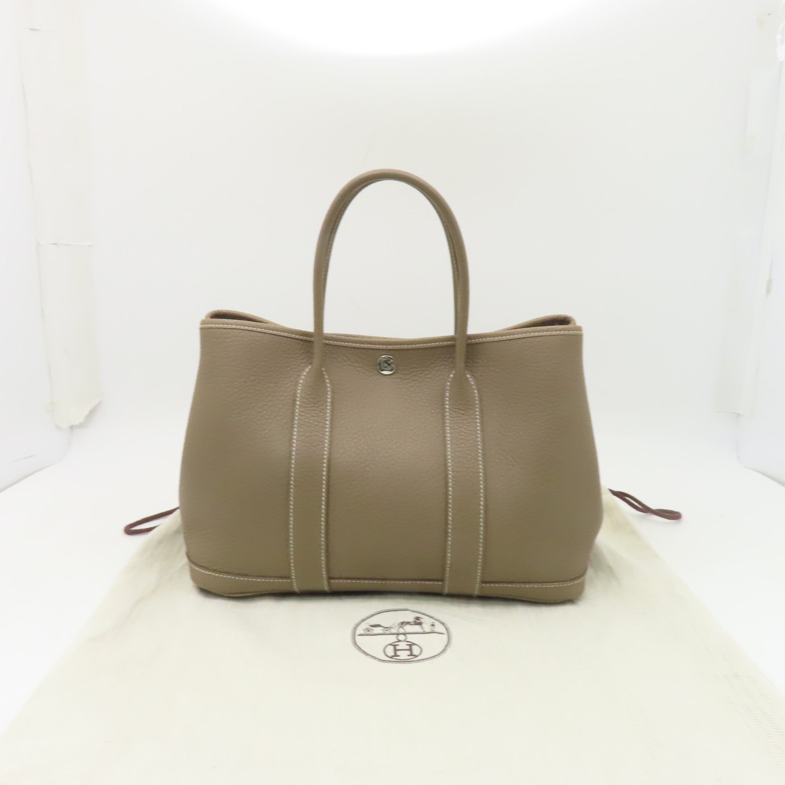HERMES Clemence皮革Garden Party TPM銀扣手挽袋米色