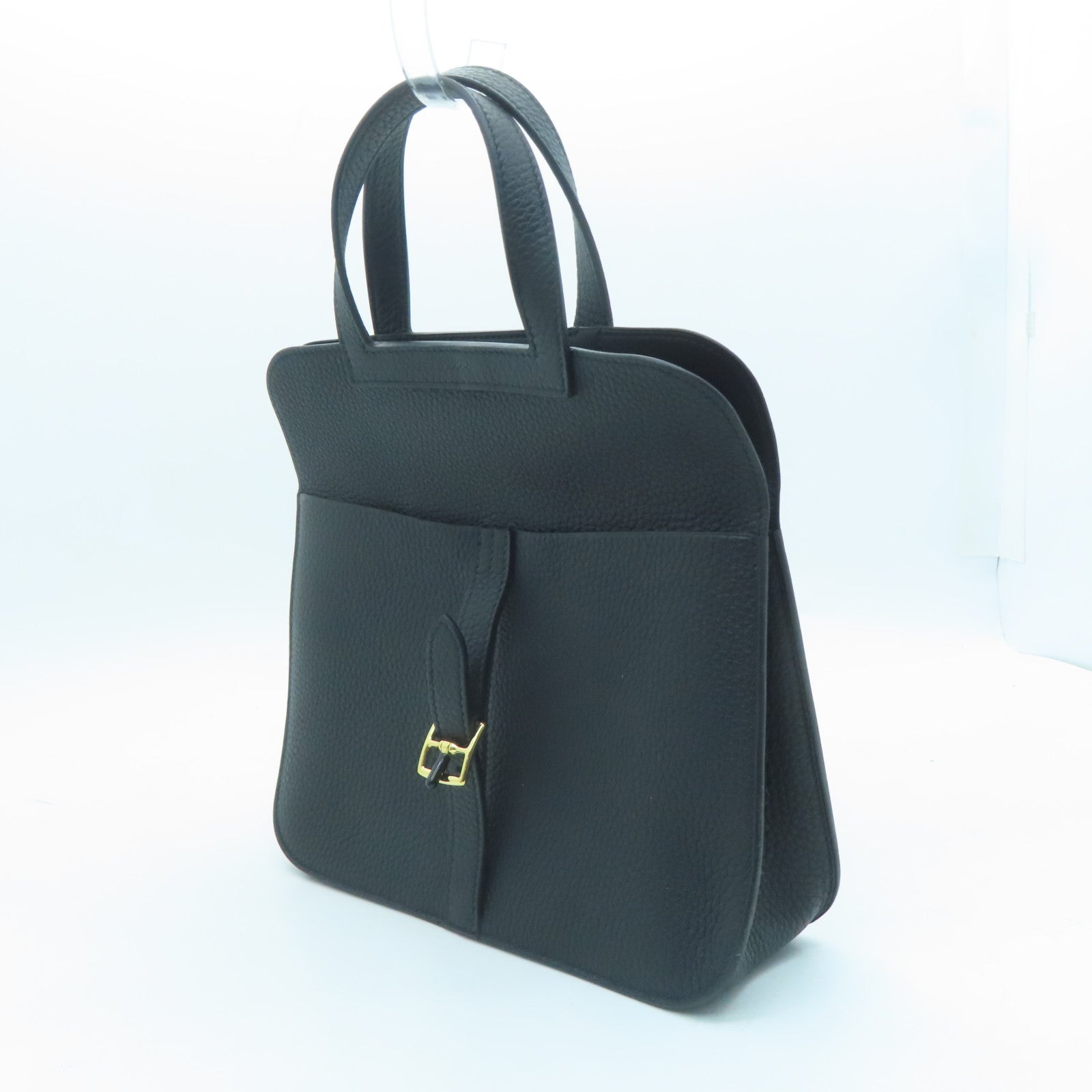 HERMES Clemence Leather Halzan 25 Gold Buckle Handle Shoulder Bag Black
