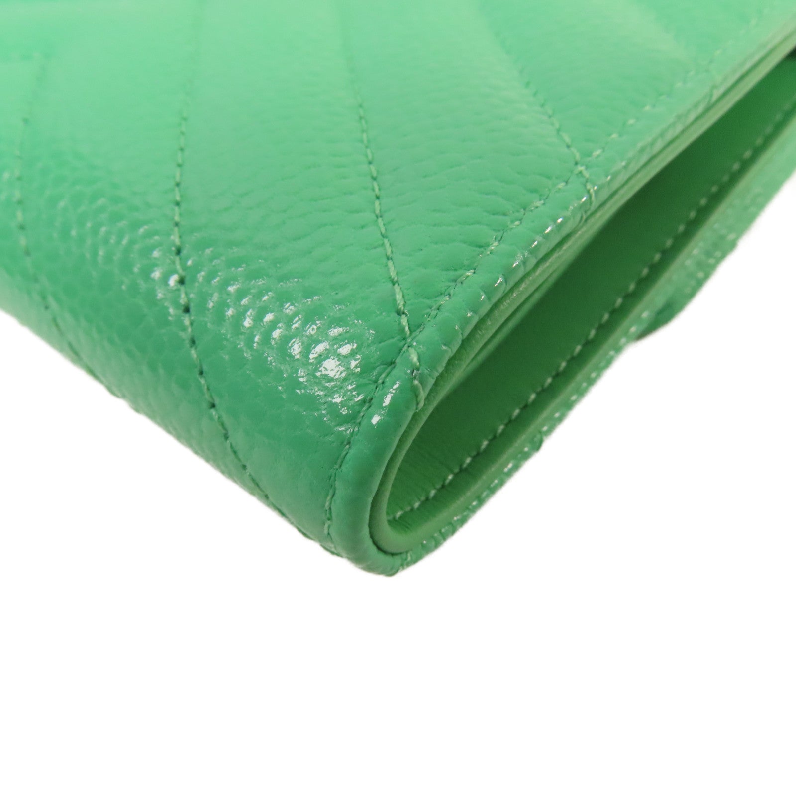 CHANEL 斜紋Caviar皮革Fold Wallet銀扣短錢包綠色