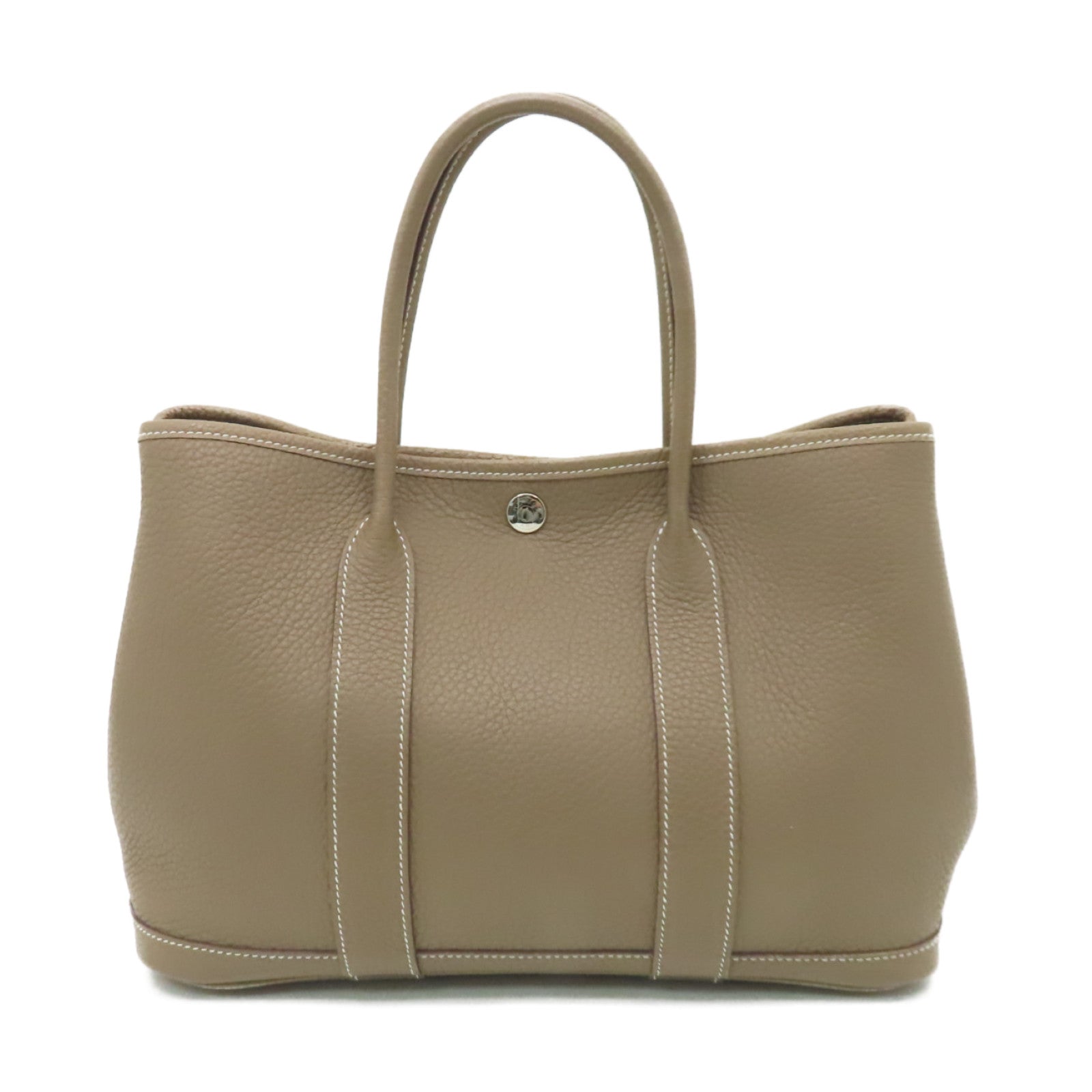 HERMES Clemence皮革Garden Party TPM銀扣手挽袋米色