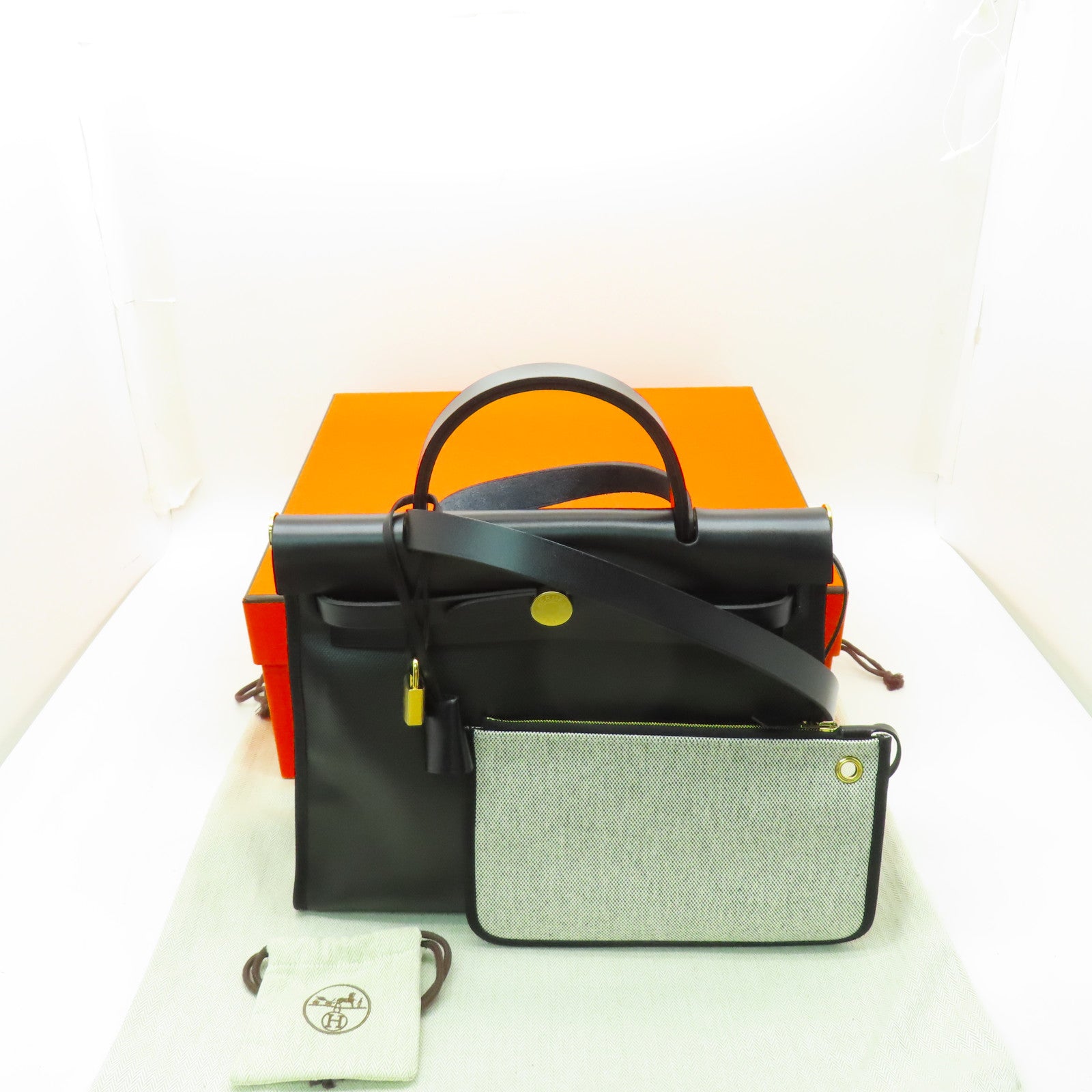 HERMES 防水帆布Herbag PM金扣手挽肩背兩用袋黑色