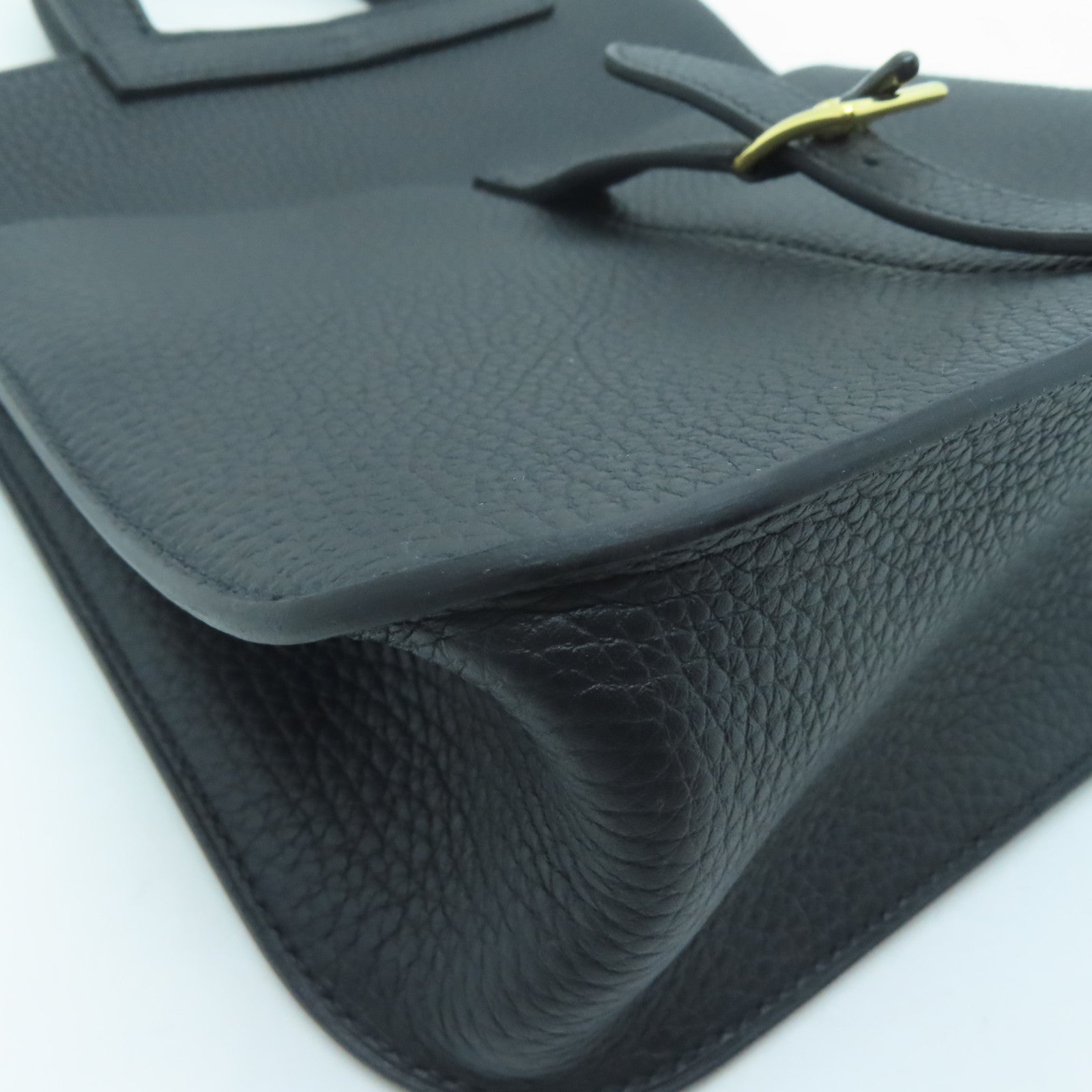 HERMES Clemence Leather Halzan 25 Gold Buckle Handle Shoulder Bag Black