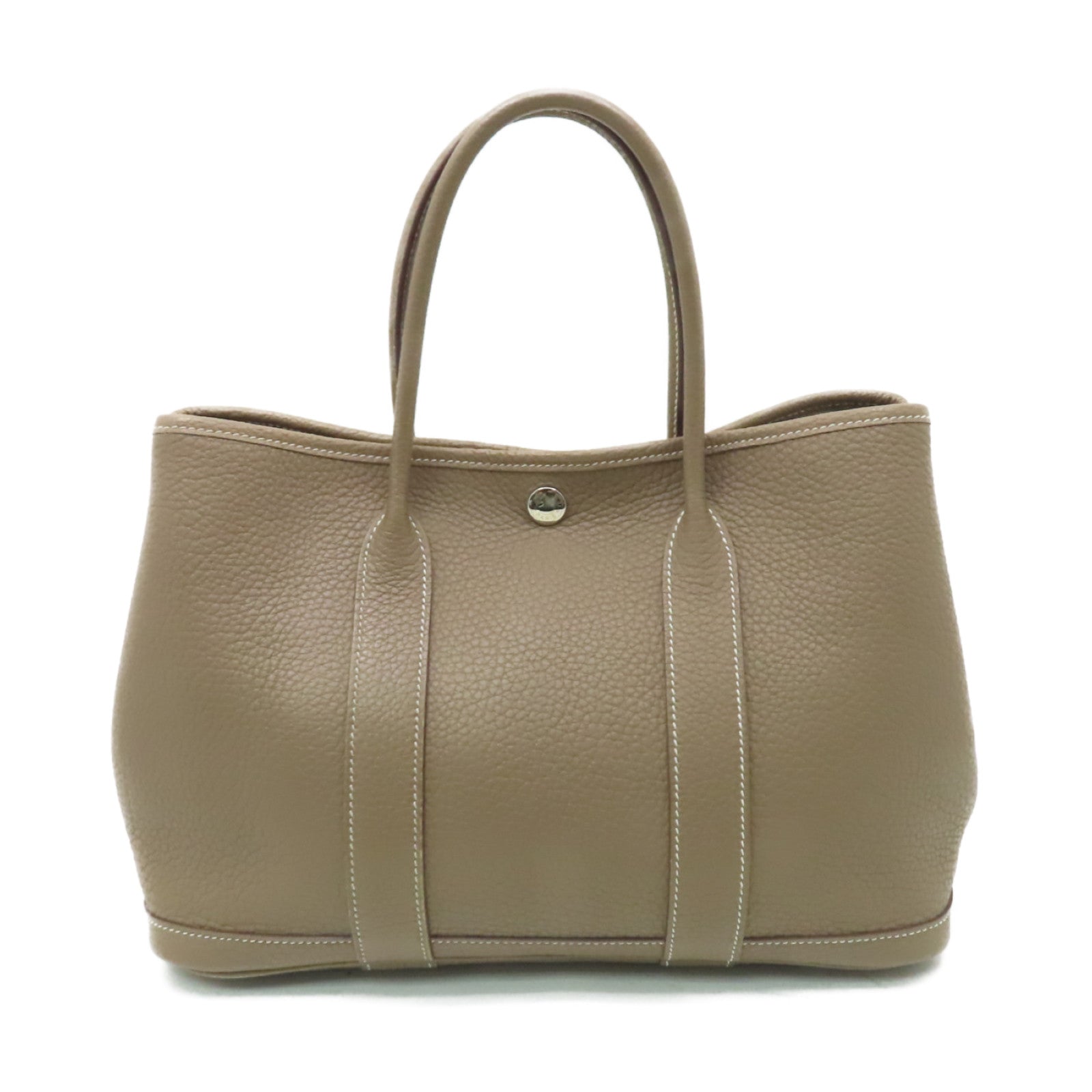 HERMES Clemence皮革Garden Party TPM銀扣手挽袋米色