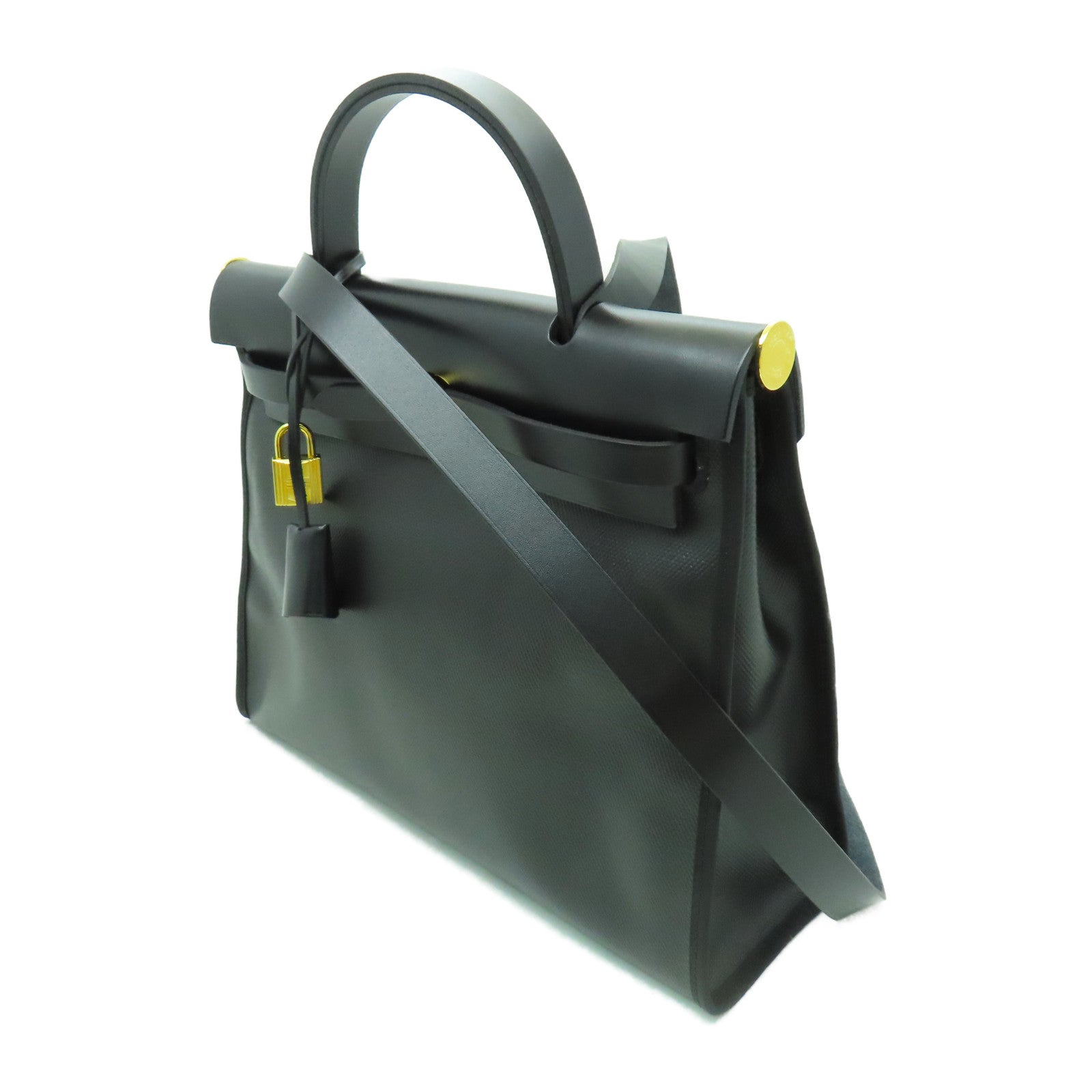HERMES 防水帆布Herbag PM金扣手挽肩背兩用袋黑色