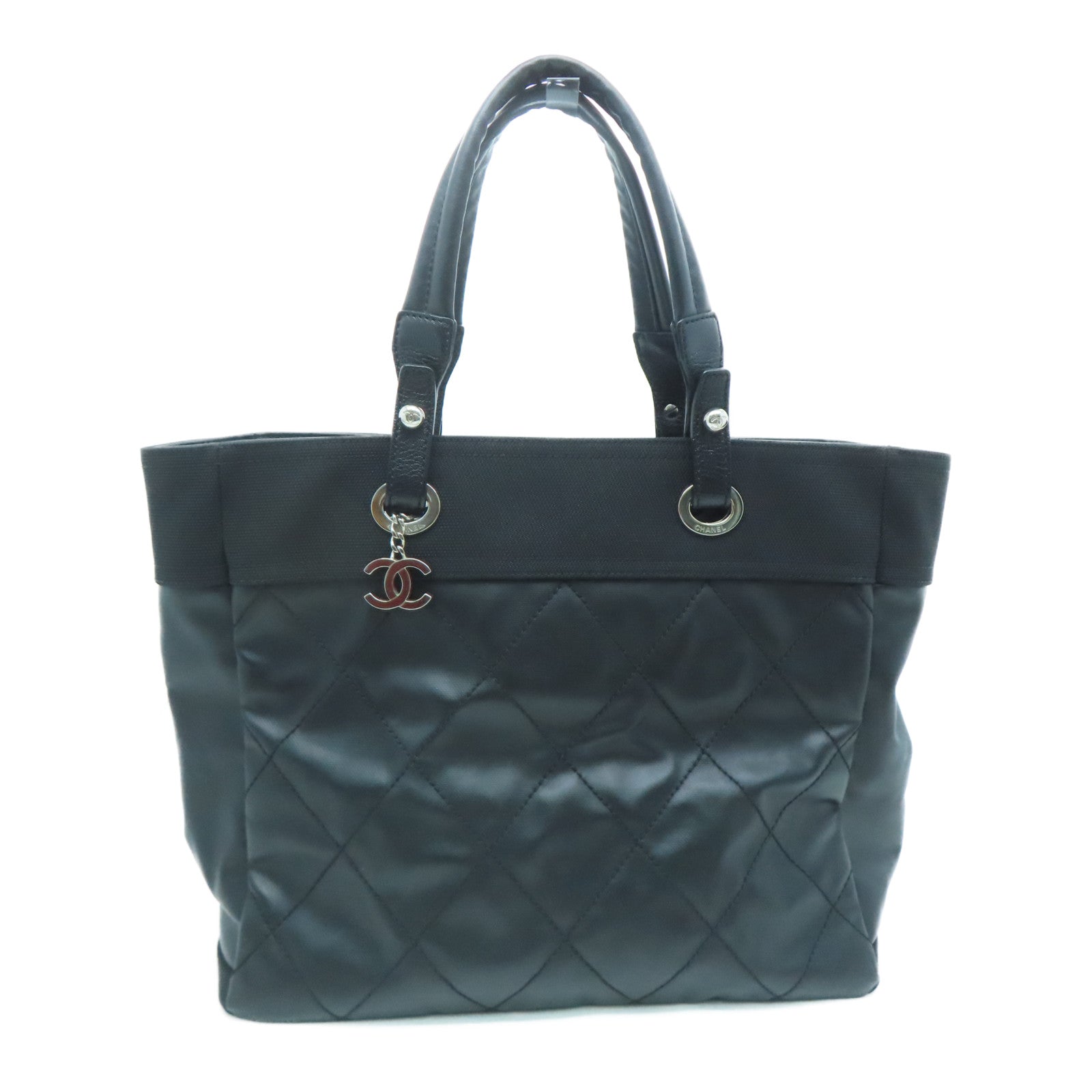 CHANEL 菱格帆布Tote Bag銀扣手挽袋黑色