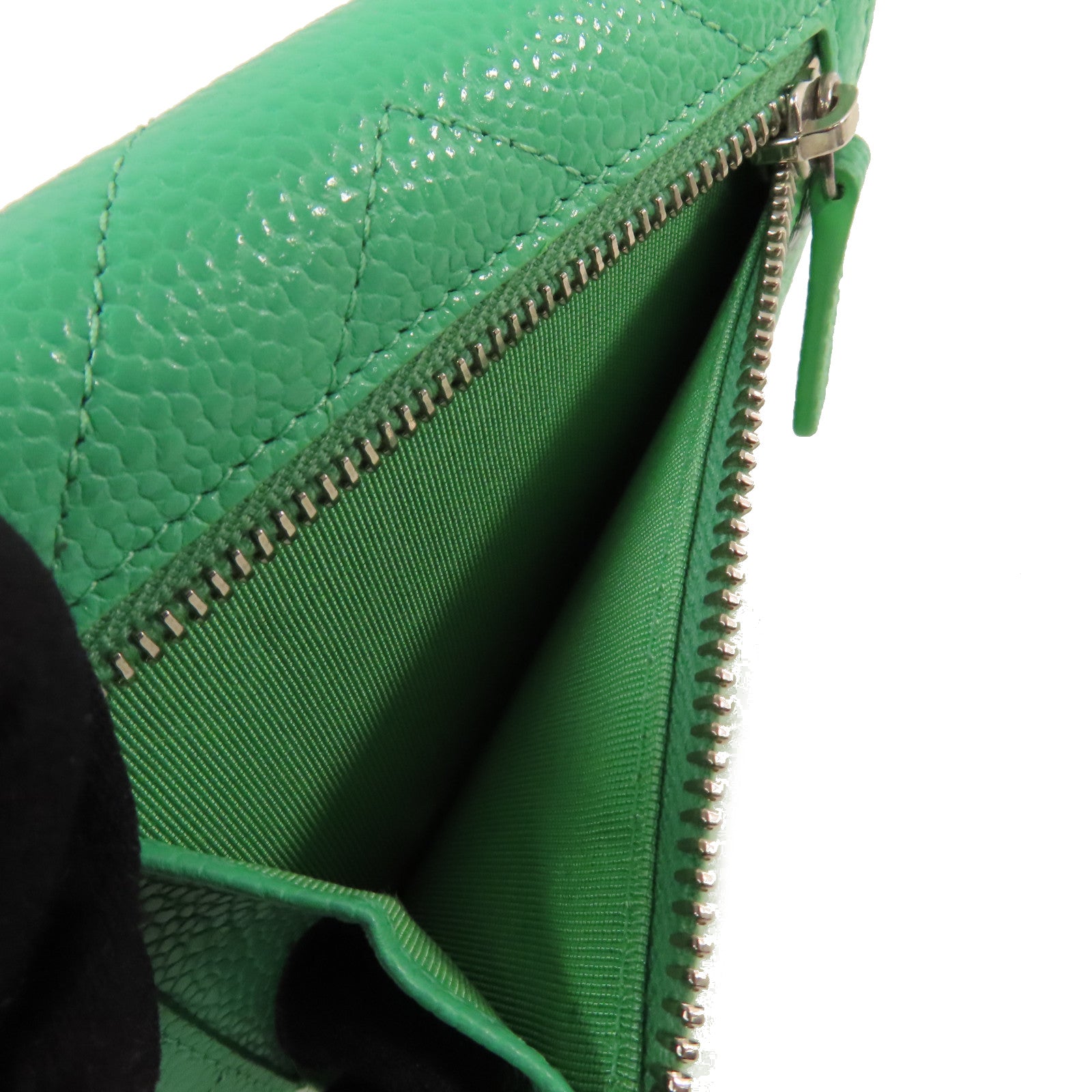 CHANEL 斜紋Caviar皮革Fold Wallet銀扣短錢包綠色