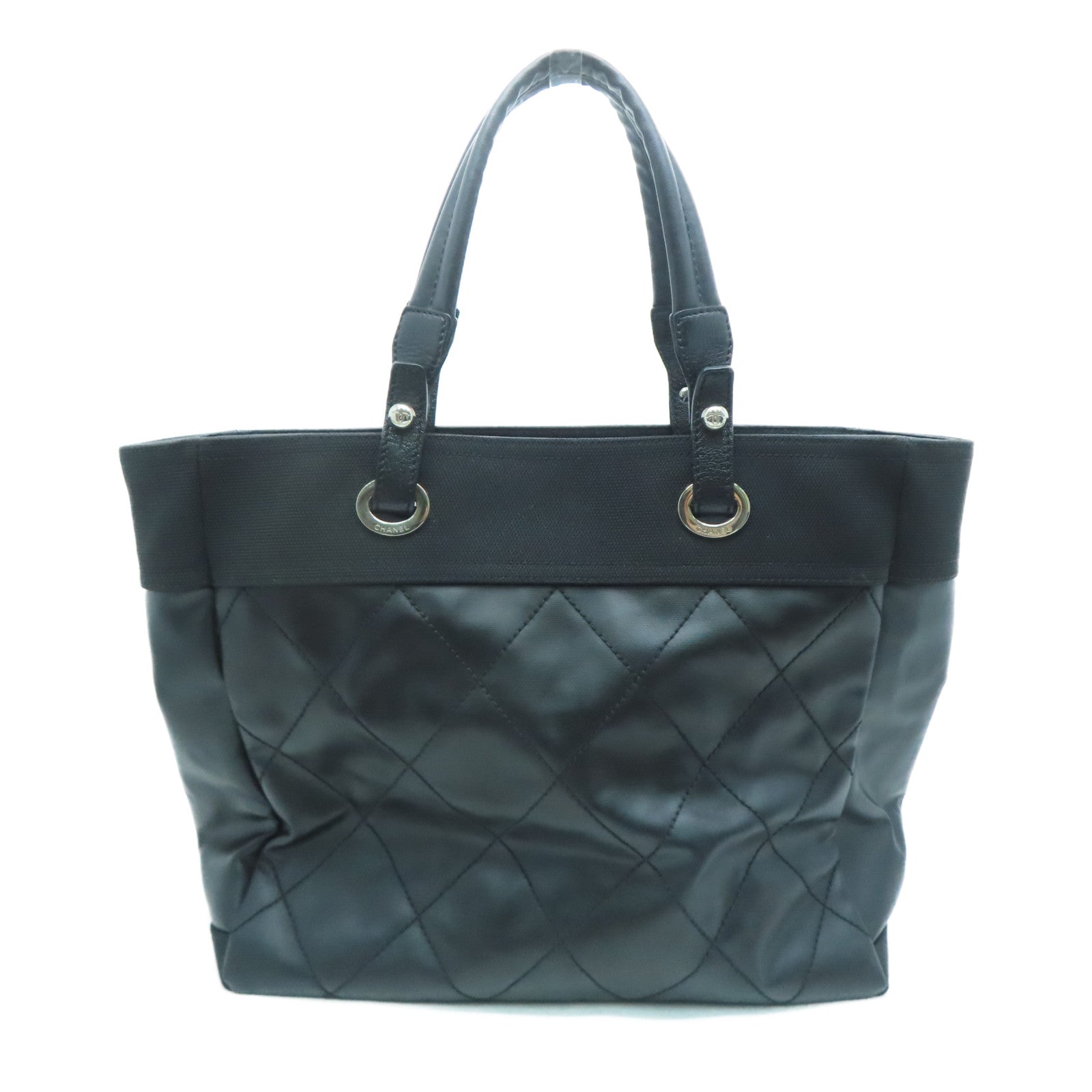 CHANEL 菱格帆布Tote Bag銀扣手挽袋黑色
