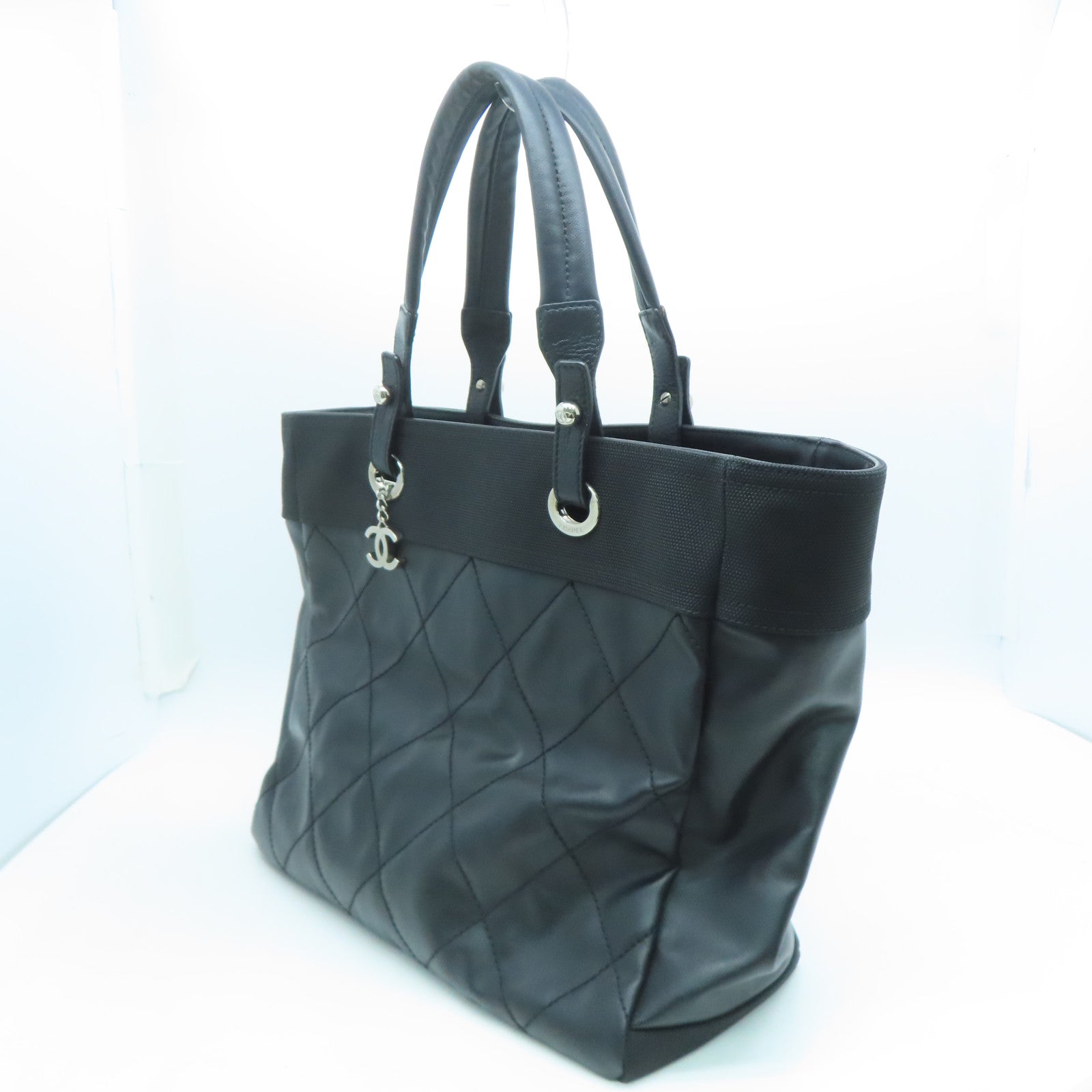 CHANEL 菱格帆布Tote Bag銀扣手挽袋黑色