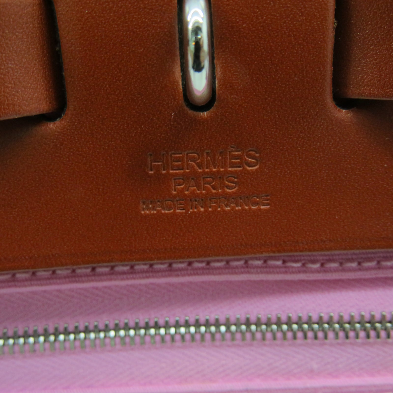 HERMES 【激减优惠】帆布Herbag 31银扣手挽肩背两用袋粉红色/棕色