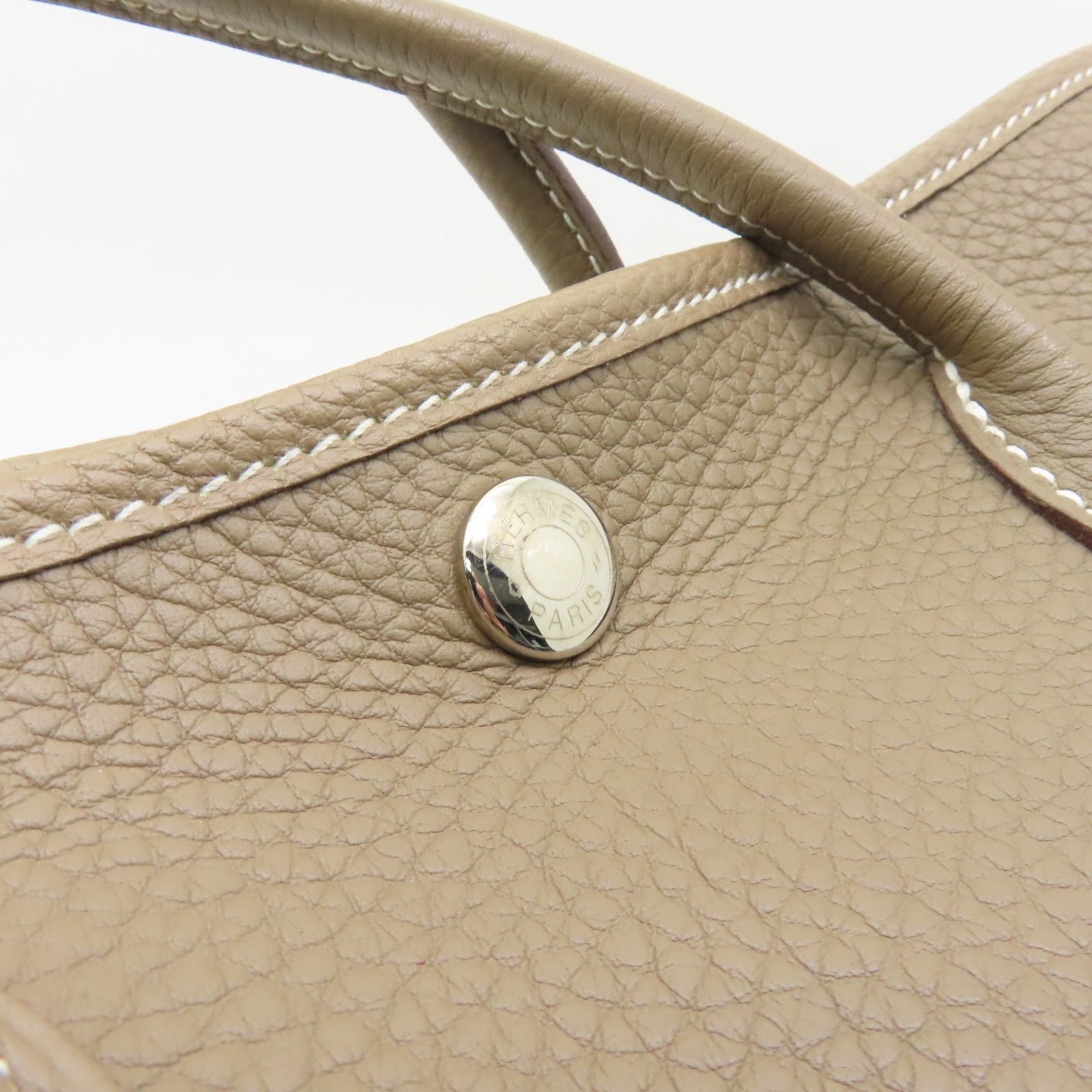 HERMES Clemence皮革Garden Party TPM銀扣手挽袋米色