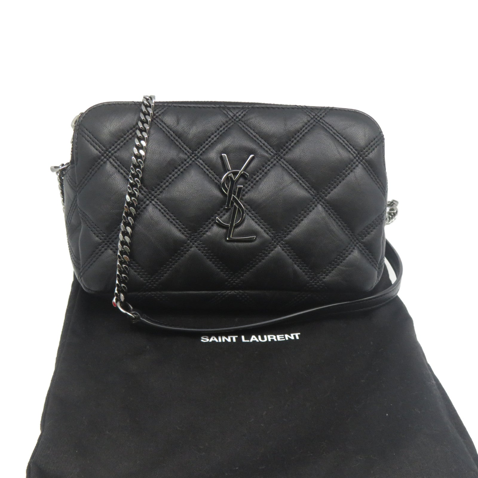 YVES SAINT LAURENT 菱格牛皮皮革Chain Shoulder銀扣鏈帶肩背袋黑色