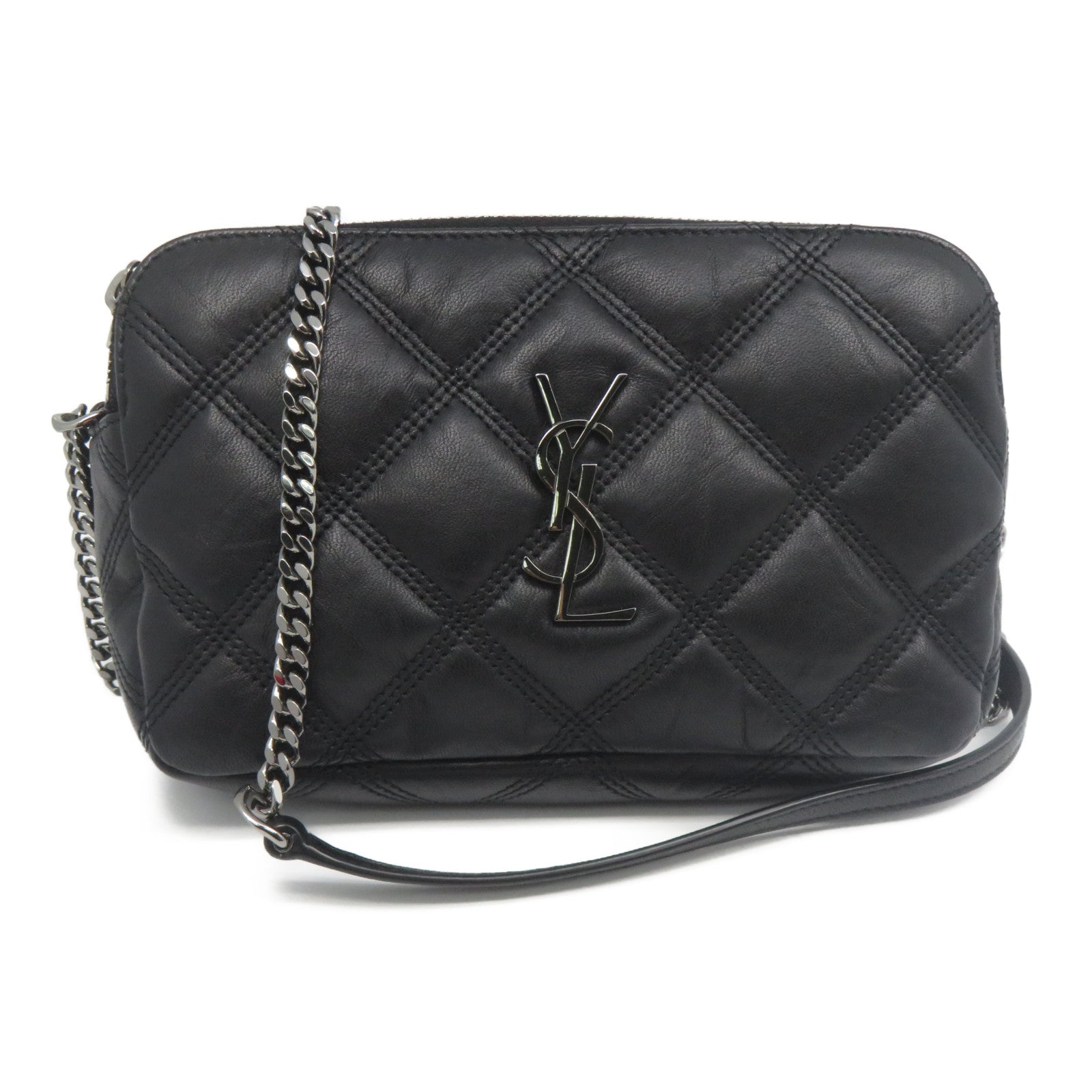 YVES SAINT LAURENT 菱格牛皮皮革Chain Shoulder銀扣鏈帶肩背袋黑色