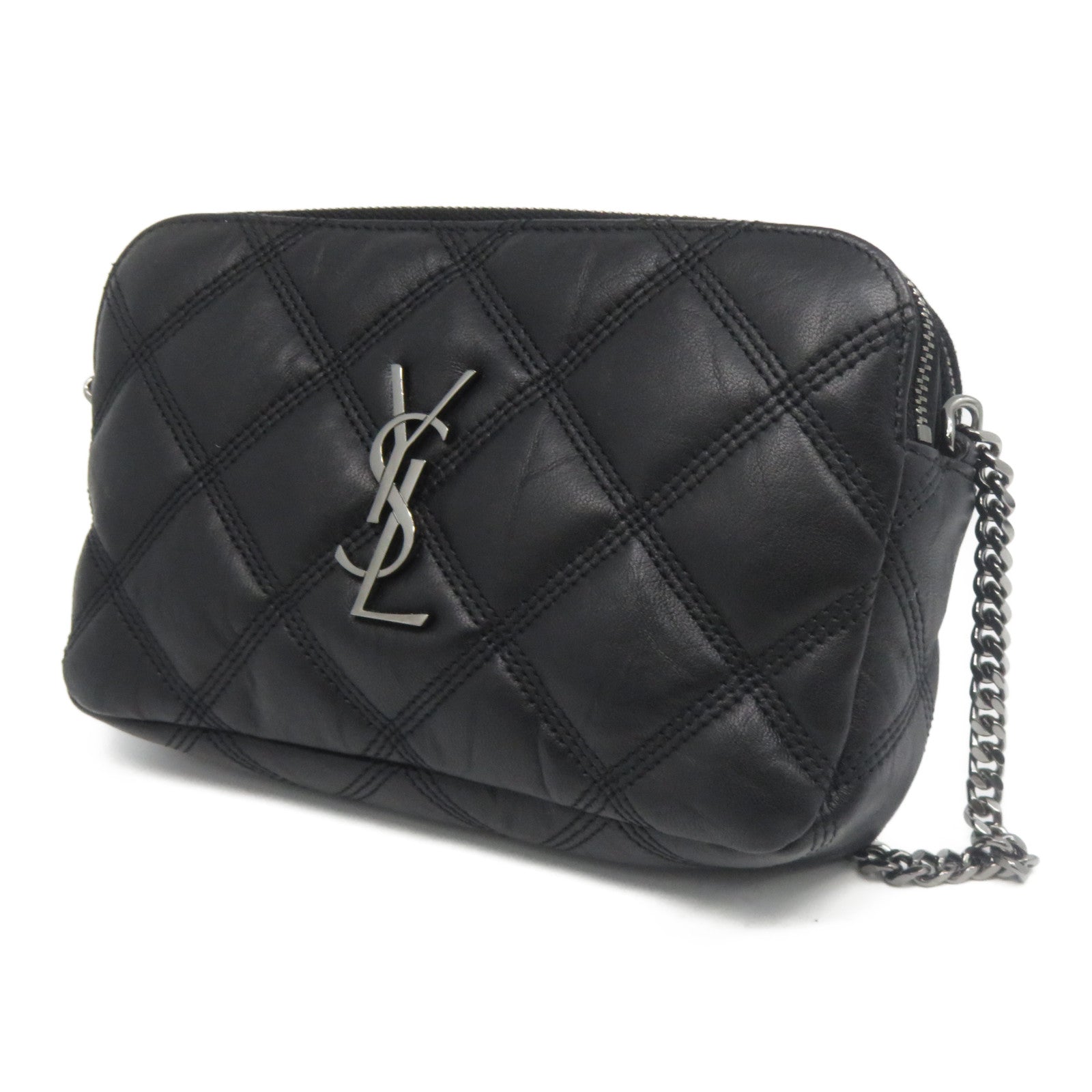 YVES SAINT LAURENT 菱格牛皮皮革Chain Shoulder銀扣鏈帶肩背袋黑色
