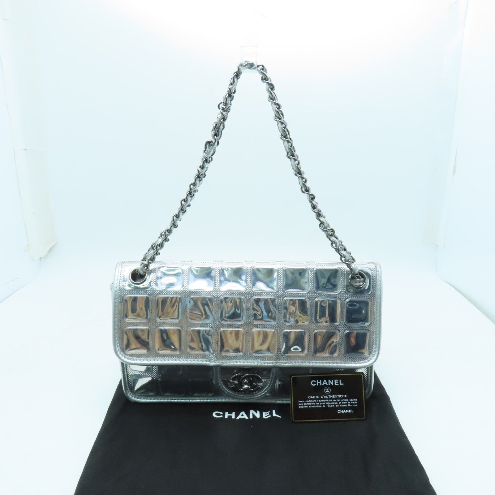 CHANEL 皮革Shoulder Bag銀扣鏈帶肩背袋銀色