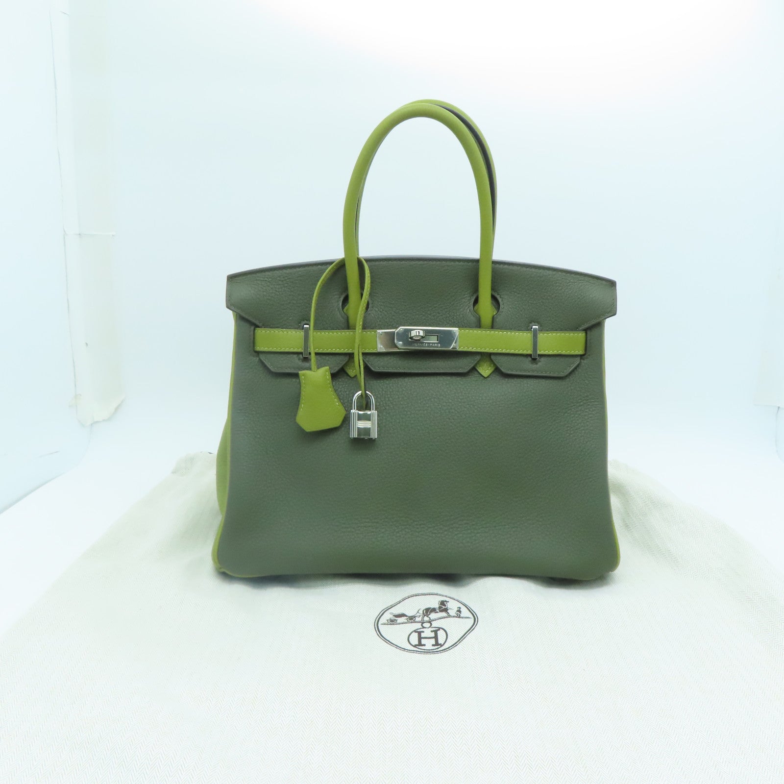 HERMES Togo Leather Birkin 30 Silver Buckle Handle Bag Green