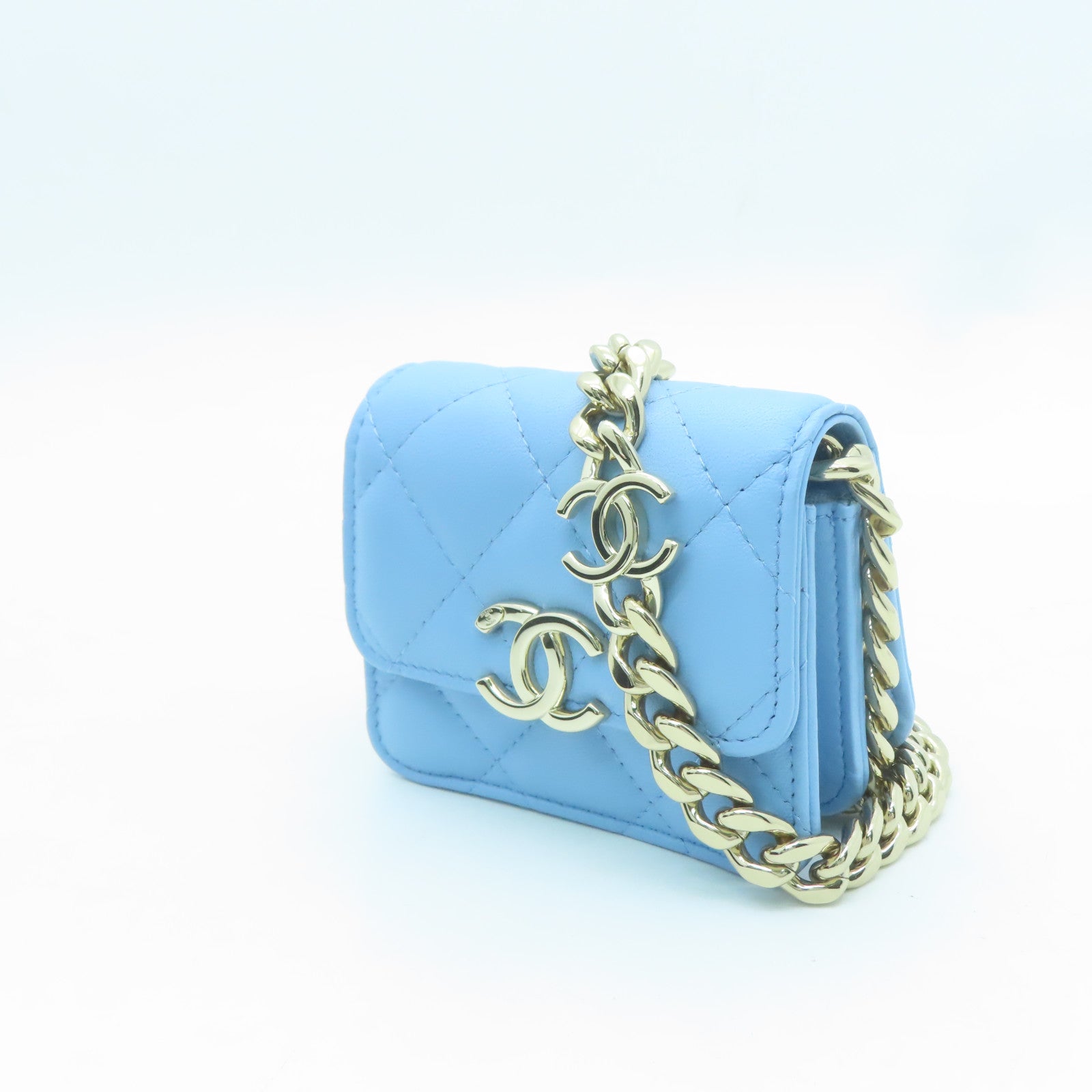 CHANEL Rhombus Sheepskin Leather Chain Shoulder Gold Buckle Chain Belt Shoulder Bag Powder Blue