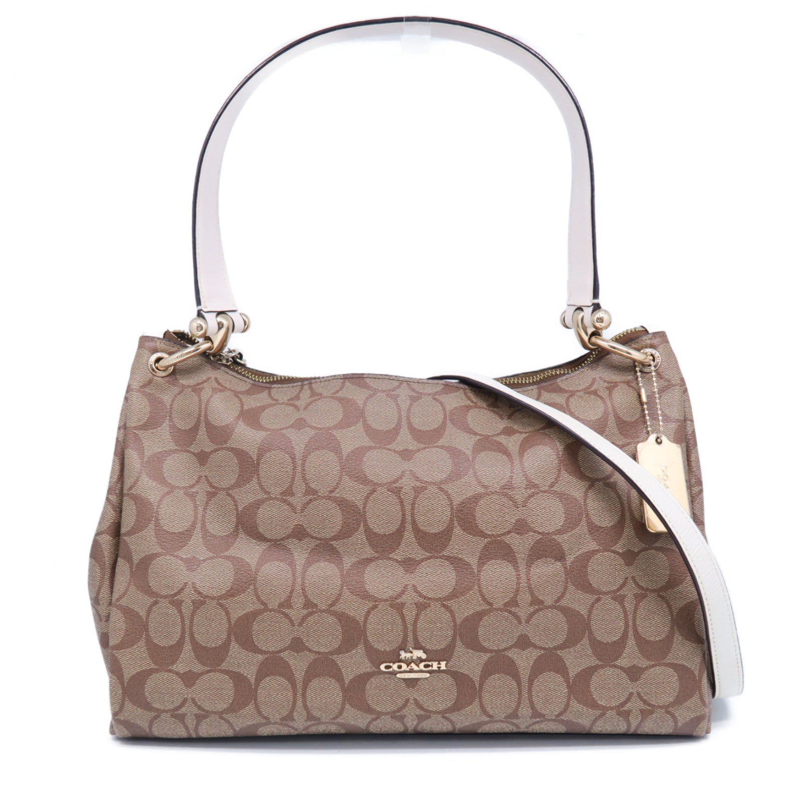 COACH 塗層帆布2 Way Shoulder Bag金扣手挽肩背兩用袋啡色/米色