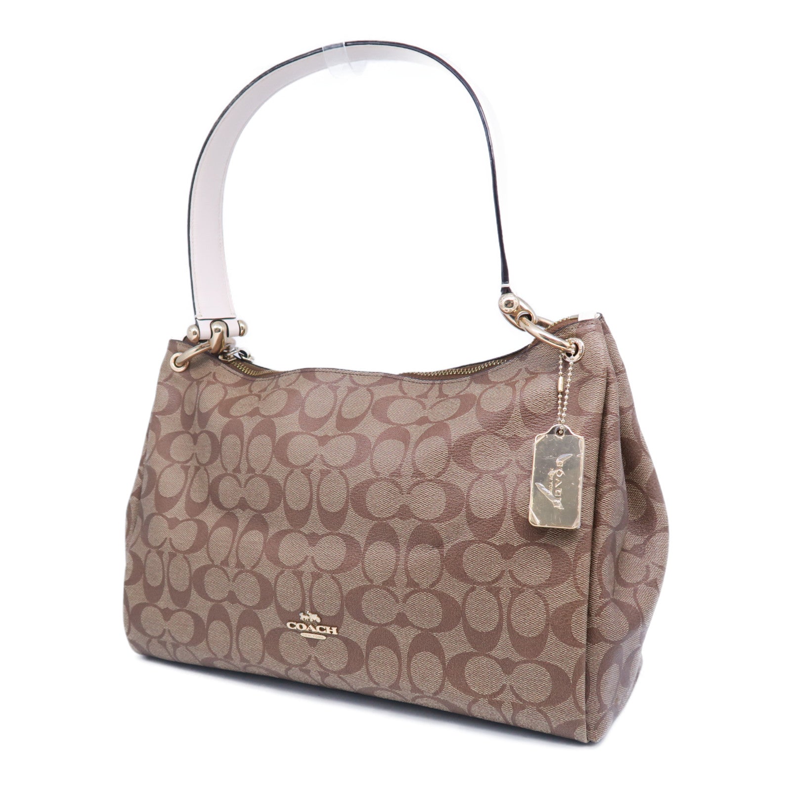 COACH 塗層帆布2 Way Shoulder Bag金扣手挽肩背兩用袋啡色/米色