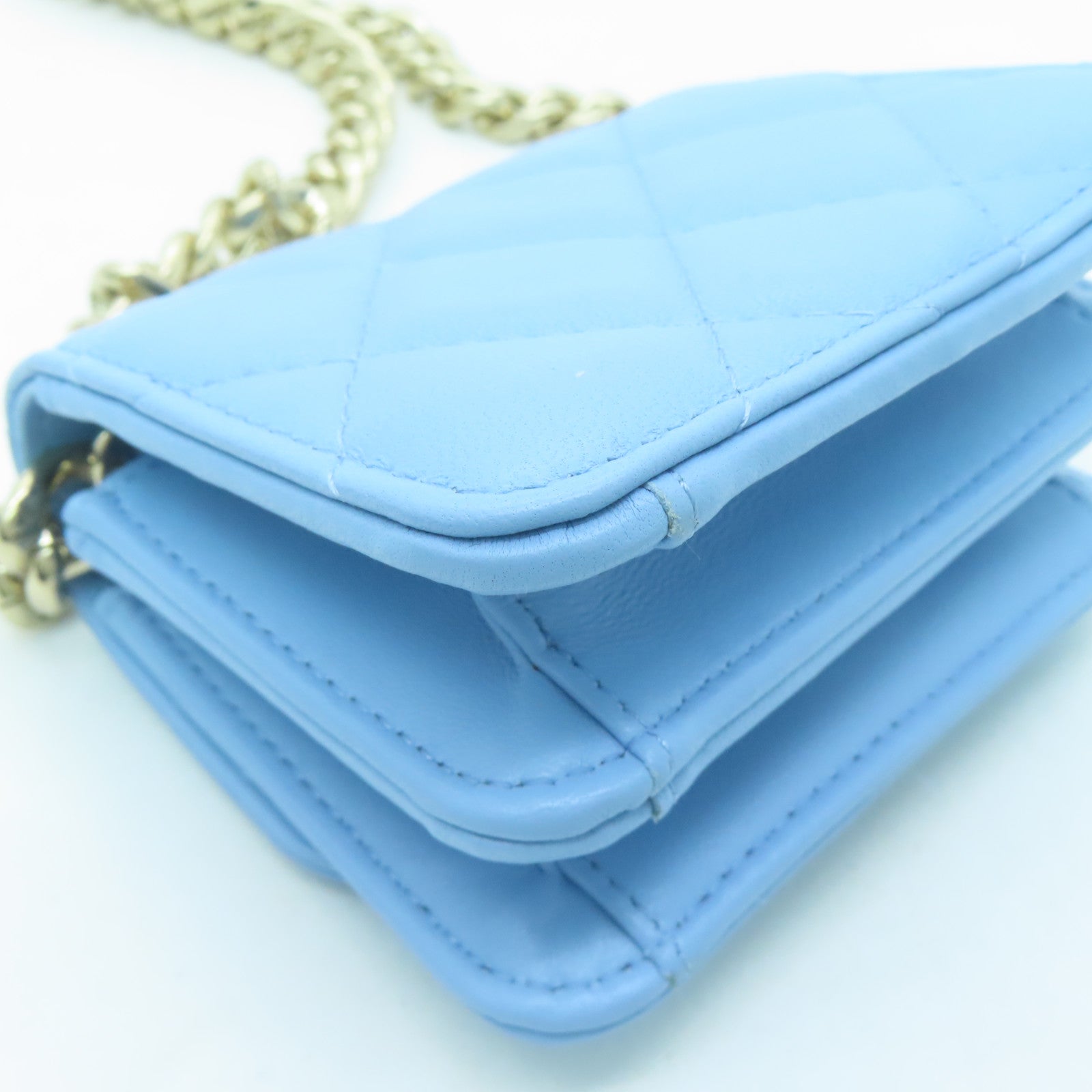 CHANEL Rhombus Sheepskin Leather Chain Shoulder Gold Buckle Chain Belt Shoulder Bag Powder Blue