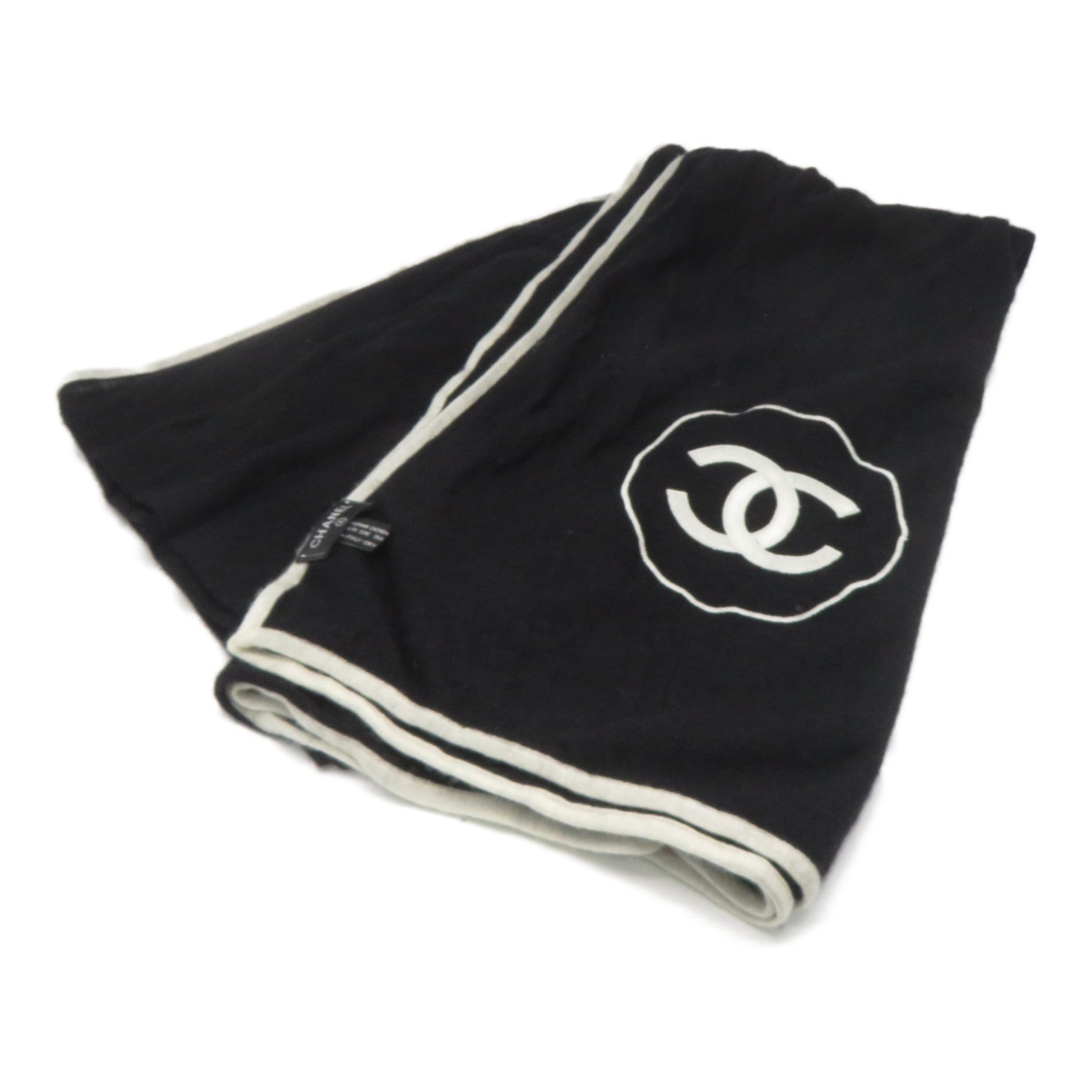 CHANEL 羊絨/絲質Scarf圍巾黑色/白色