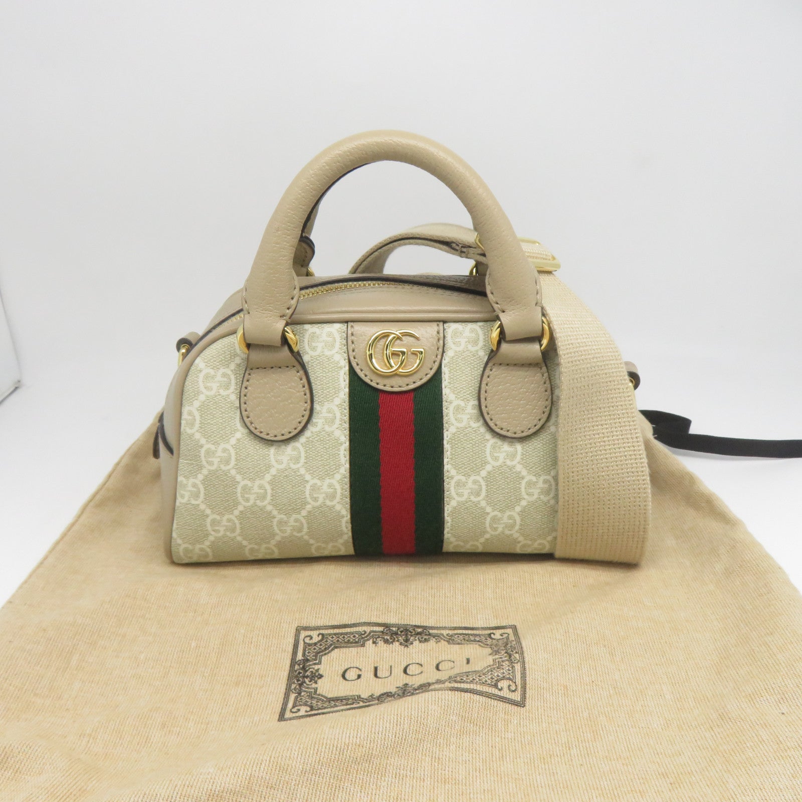 GUCCI GG帆布2 Way Shoulder Bag金扣手挽肩背兩用袋米色