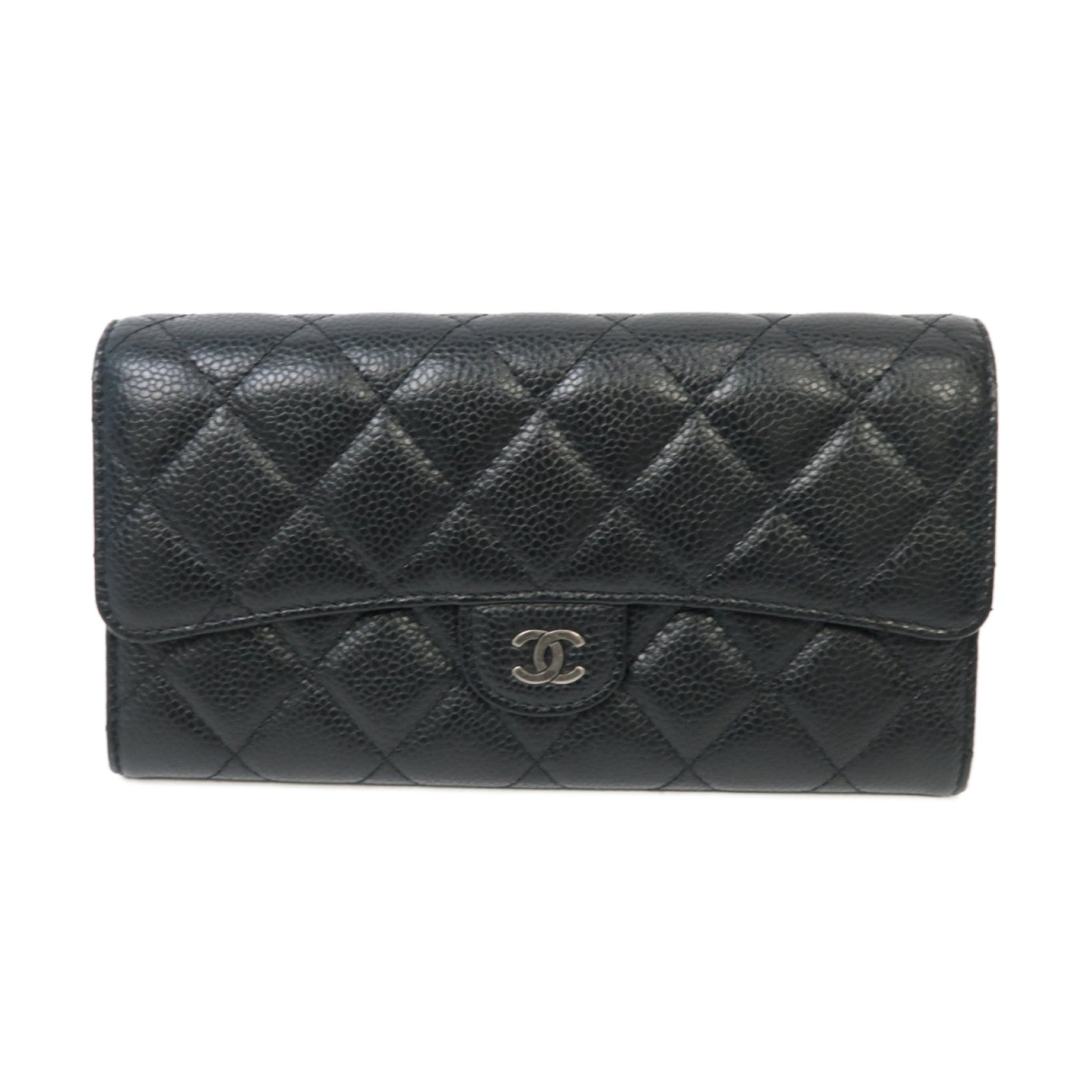 CHANEL Caviar皮革Classic Long Wallet銀扣長錢包黒色