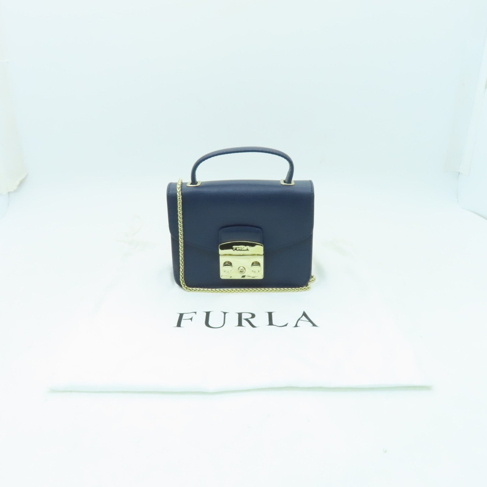 Furla 牛皮皮革Chain Shoulder金扣鏈帶肩背袋深藍色