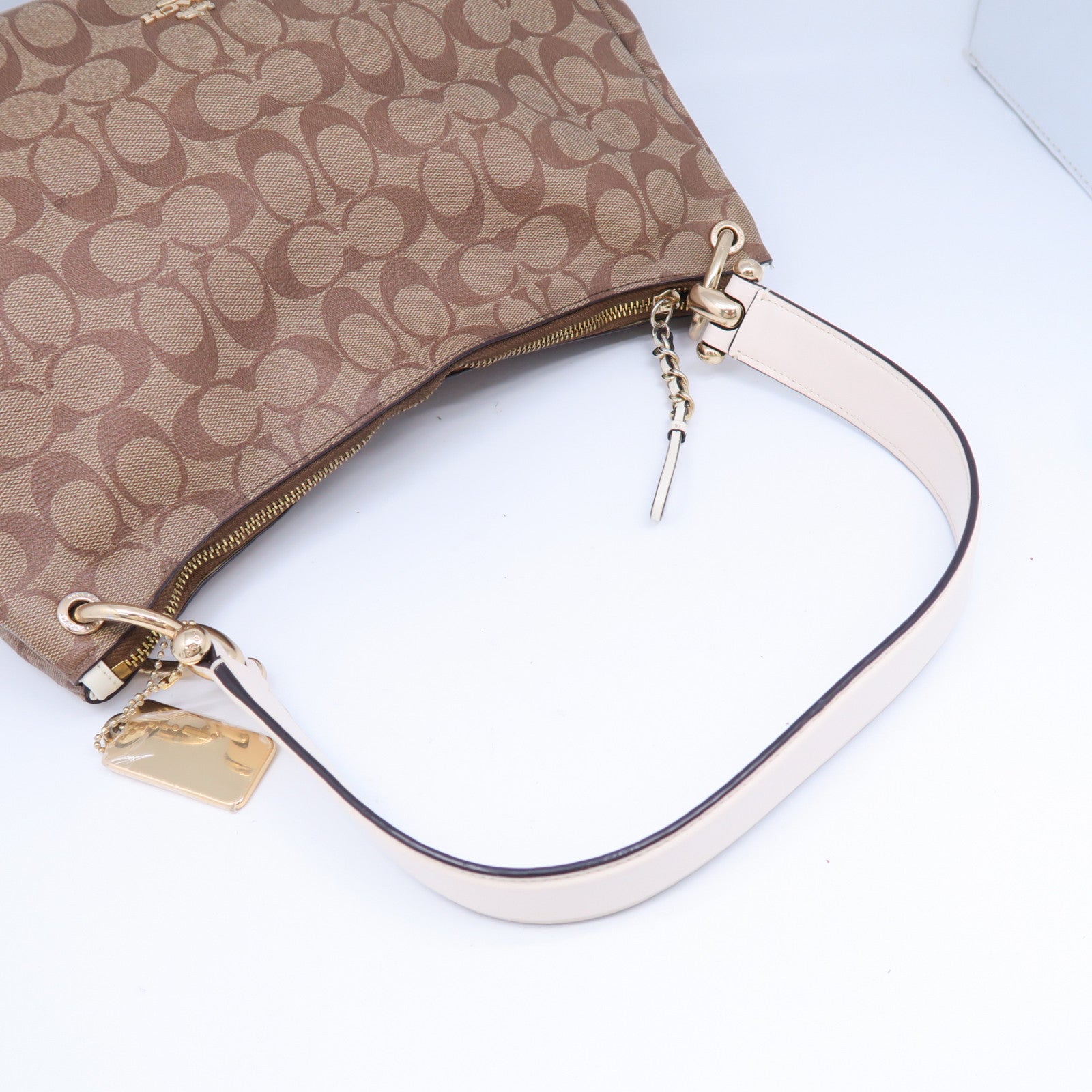 COACH 塗層帆布2 Way Shoulder Bag金扣手挽肩背兩用袋啡色/米色