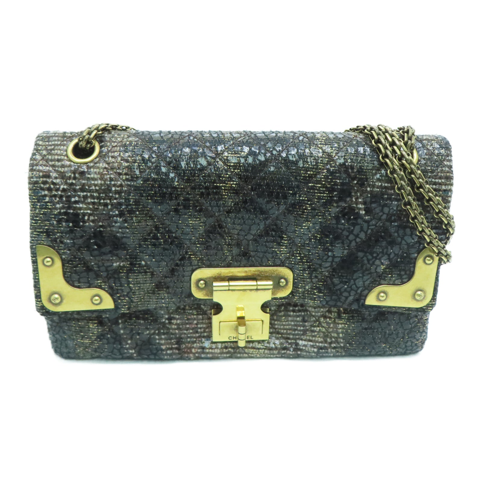 CHANEL 菱格帆布2.55 Chain Shoulder Bag金扣链带肩背袋黑色