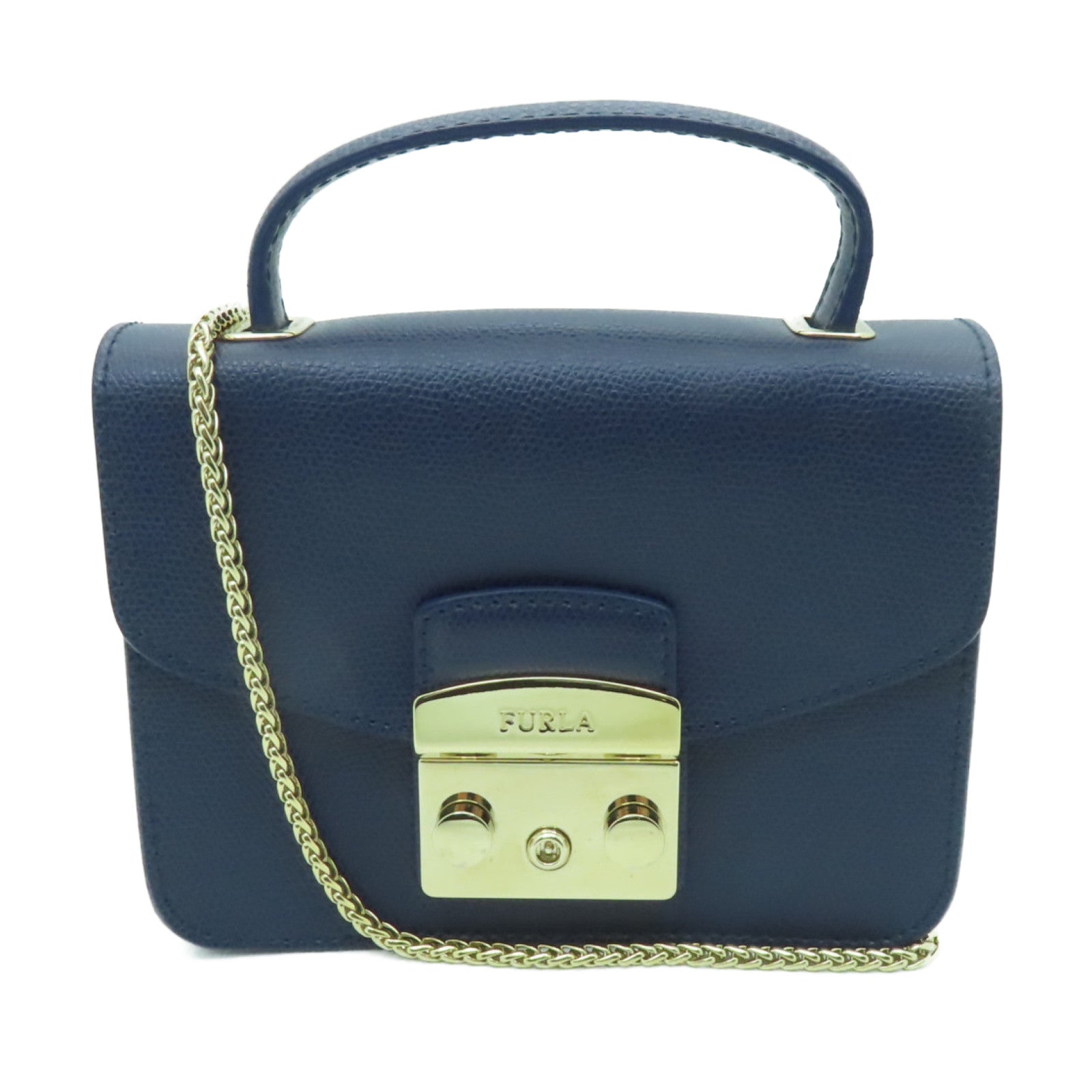 Furla 牛皮皮革Chain Shoulder金扣鏈帶肩背袋深藍色