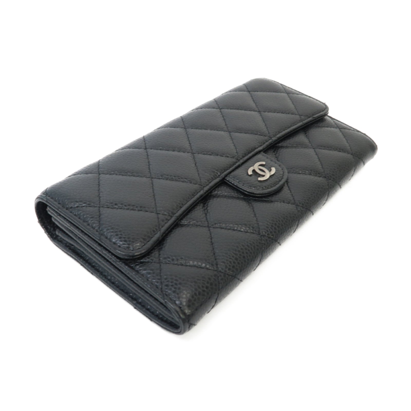 CHANEL Caviar皮革Classic Long Wallet銀扣長錢包黒色