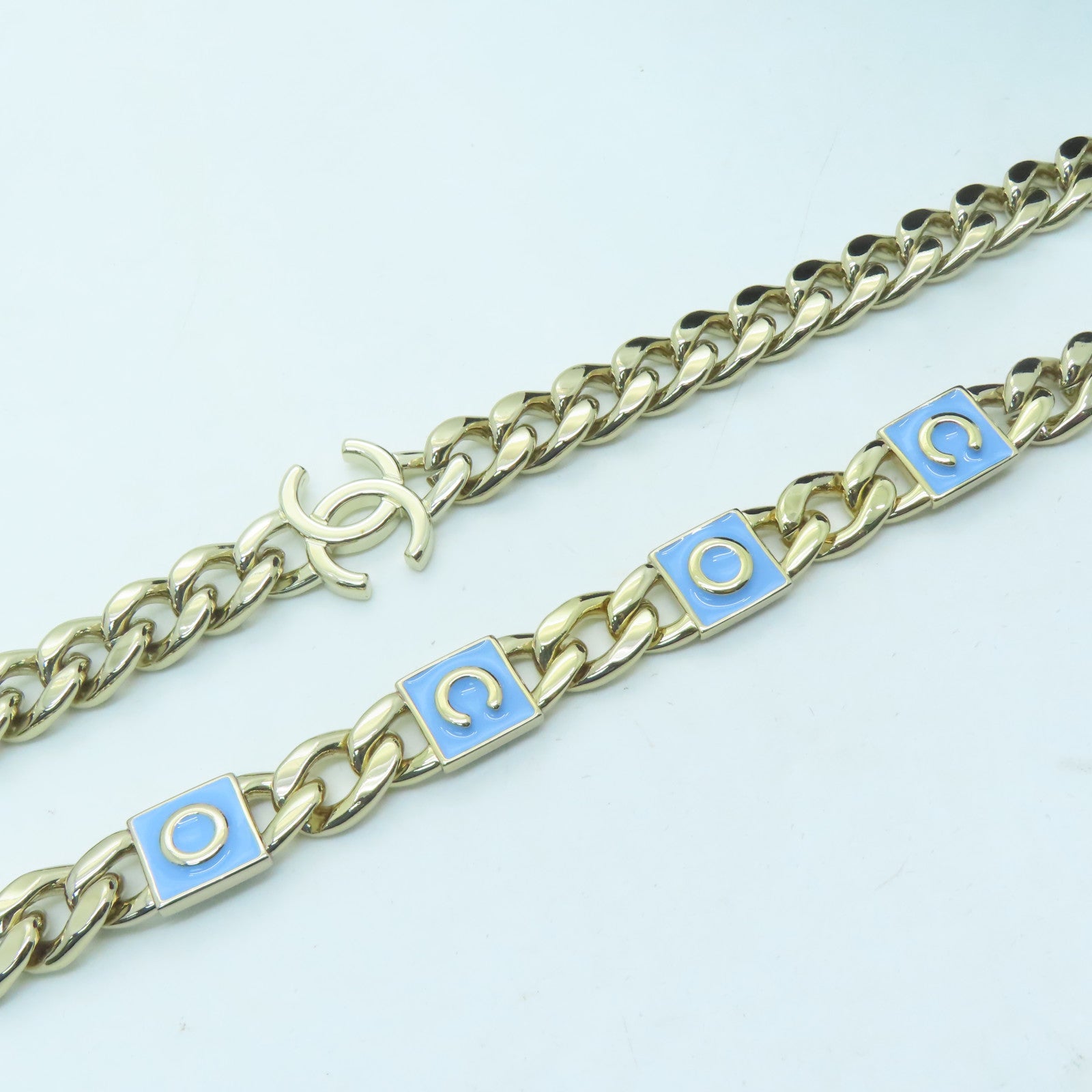 CHANEL Rhombus Sheepskin Leather Chain Shoulder Gold Buckle Chain Belt Shoulder Bag Powder Blue